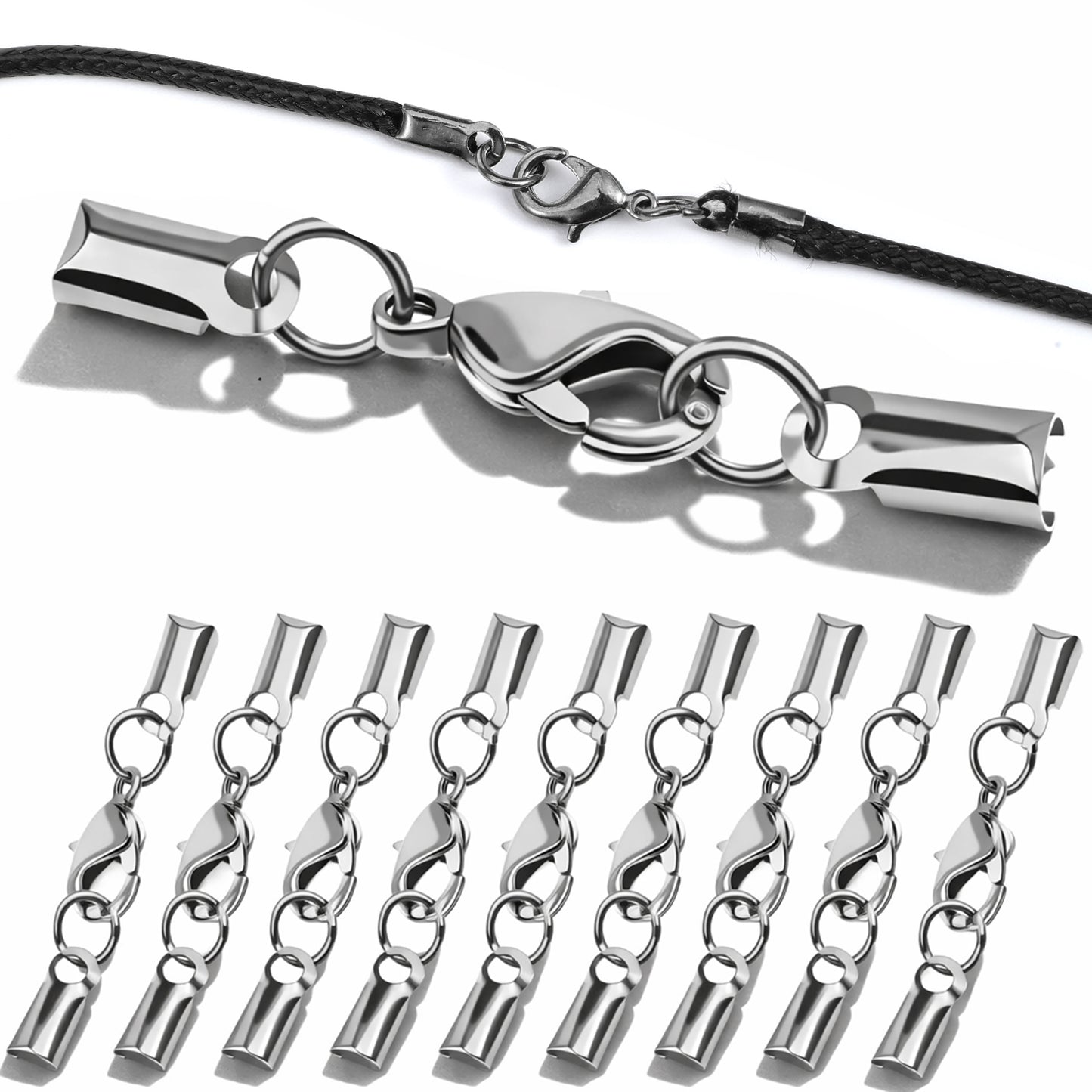 10 Sets Cord End Caps with Lobster Clasp Stainless Steel Cord Ends for Jewelry Making Connector Leather Necklace Bracelets DIY