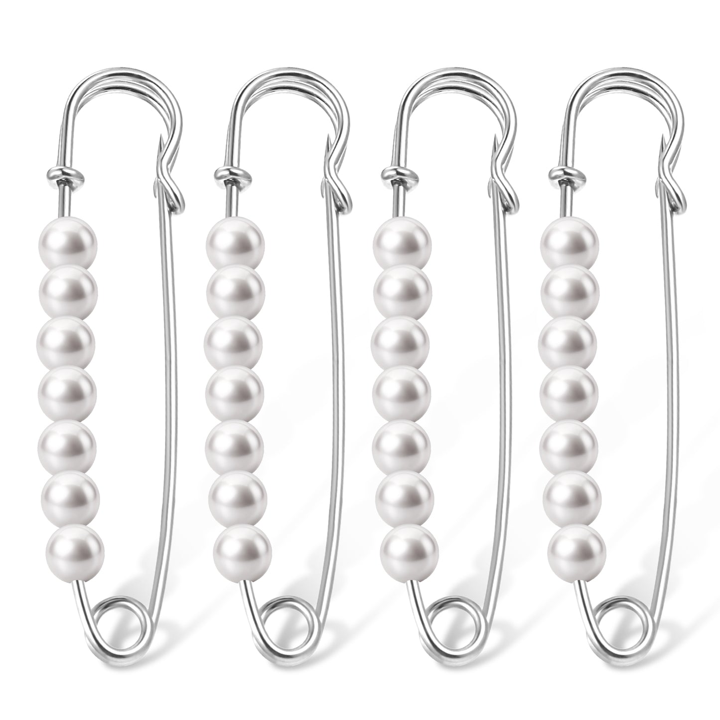 Matwsec 4 Pcs Pearl Brooch Pins for Women 3 Inch Faux Pearl Brooch Pins Decorative Safety Pins for Clothes Hijab Sweater Shirt Skirts Dresses Pants Sleeves Hats Collars Scarves Bags (Sliver)
