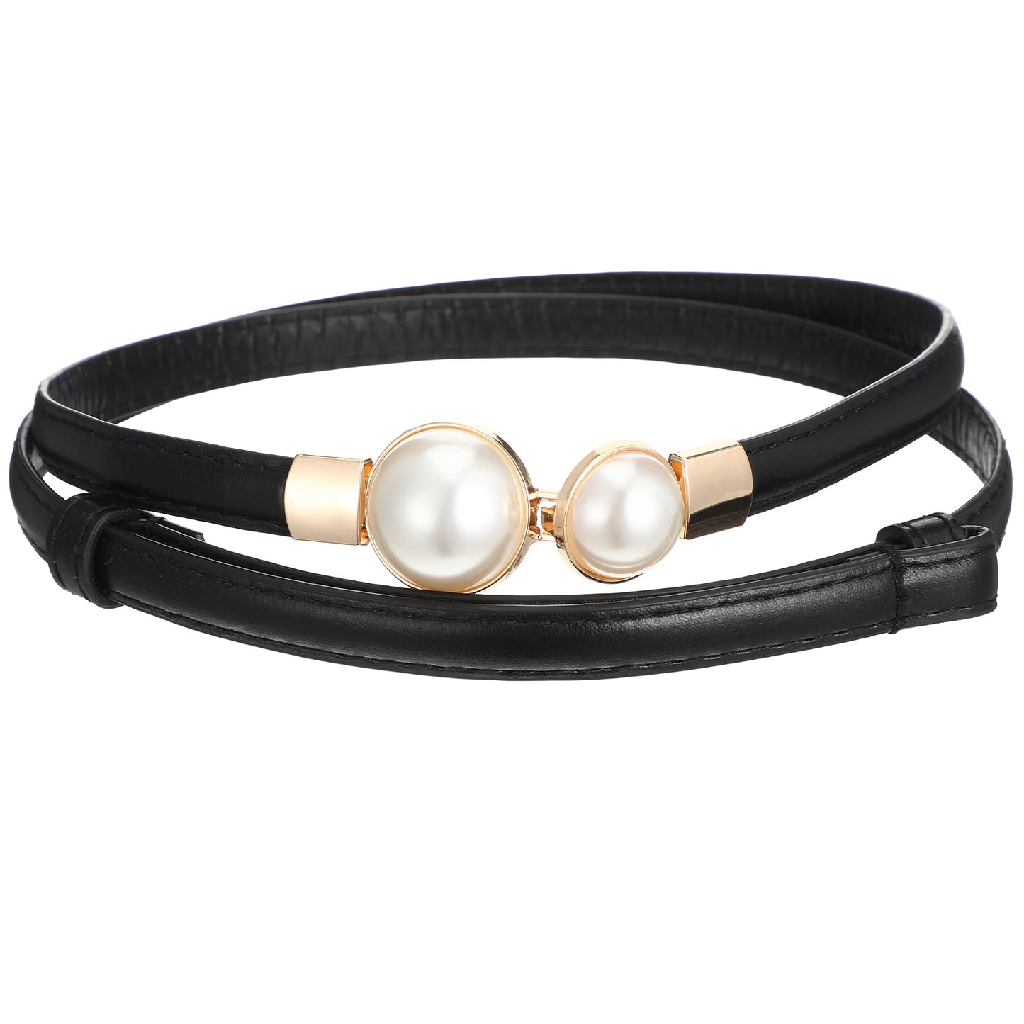 Shimmeroo Pearl Leather Waist Belt for Women, 1 cm Thin Skinny Black, Dress Accessory for Wedding Gown