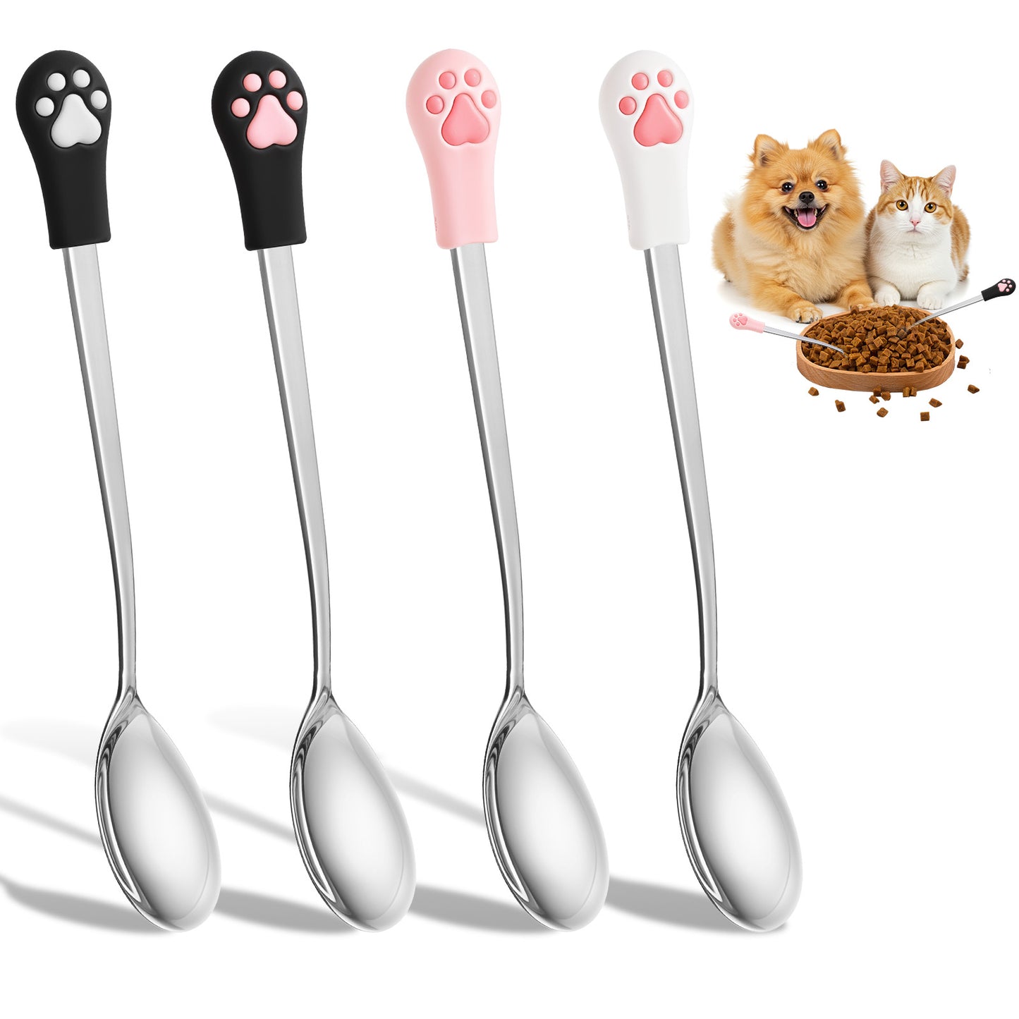 Nogeqi 4 Pcs Cat Spoons for Wet Food, Dog Pet Cat Wet Food Spoon Cute Cats Claw Pattern Stainless Steel Can Spoon for Dog and Cats (Black and Pink)