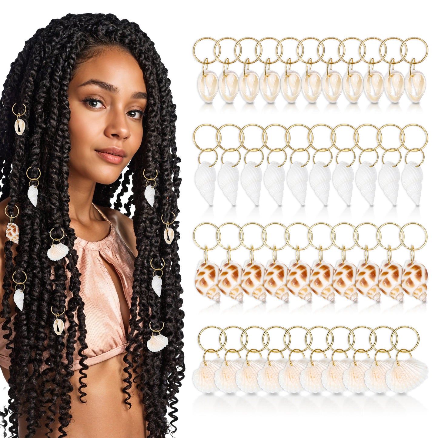 Tyqour 40pcs Seashell Hair Clip & Hair Rings for Braids, Loc Jewelry for Black Women, Beach Hair Accessories