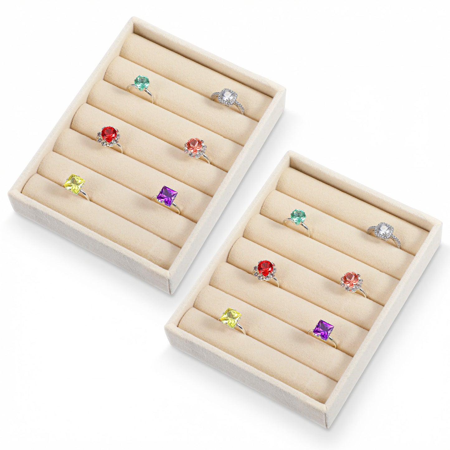 Xinjoduz 2 PCS Velvet Stackable Ring Organizer Tray Beige Mini Earring Display Trays Case, Small Jewelry Storage Drawer Insert Holder for Rings Earrings Jewelry(6 Slots)