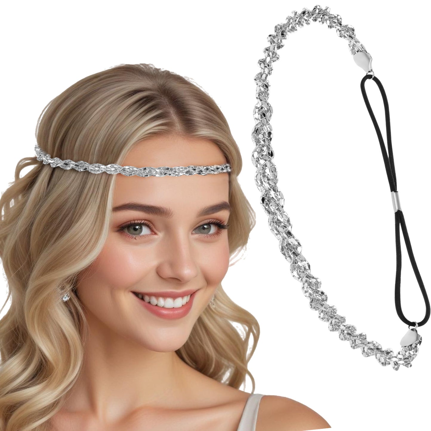 Ymapinc Sliver Headpiece for Women, Crystal Headband 70s 80s Headbands Sparkly Sliver Rhinestone Head Chain for Bride Bridesmaids Wedding Party