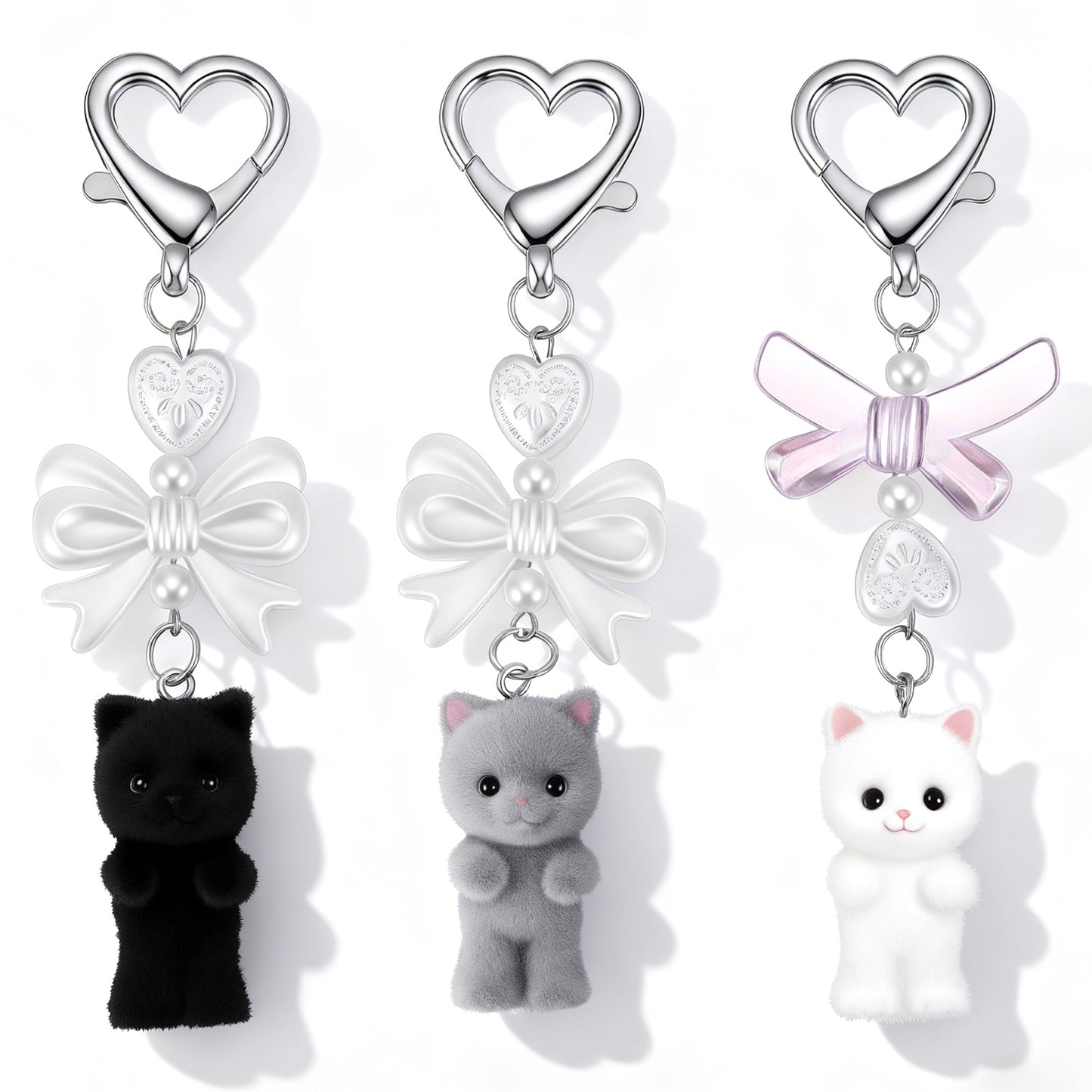 Matwsec 3PCS Fuzzy Cat Keychain Cute Cat Plush Keychain Y2k Kawaii Matching Keychains with Bow for Women Backpack Purse Handbag Accessories Birthday Gifts