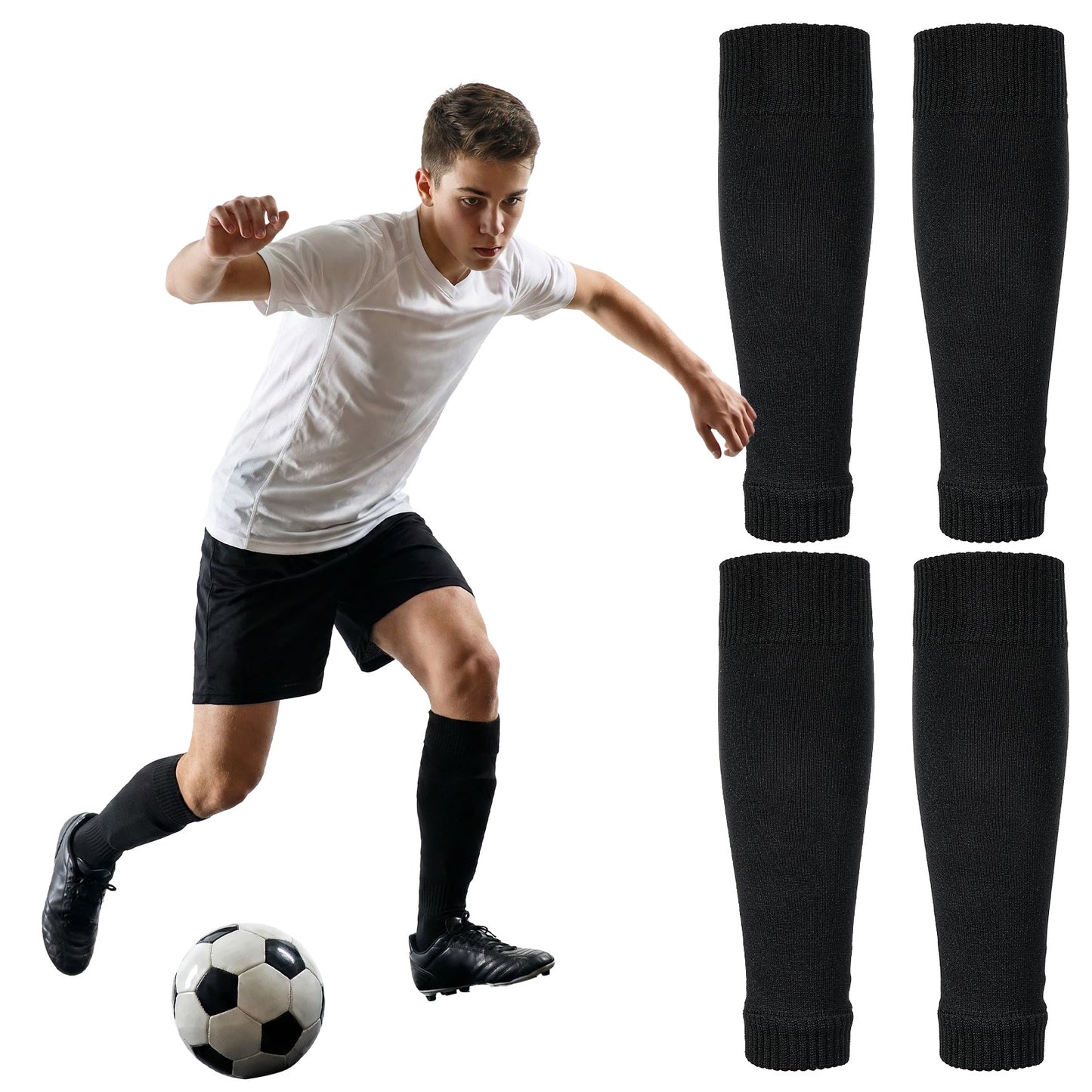 RAHHLIZS 2 Pairs Shin Guard Sleeves, Black Pre Cut Soccer Socks Grip Socks Football Leg Sleeves for Football Basketball Training Running Cycling for Men Women Youth Boys Girls