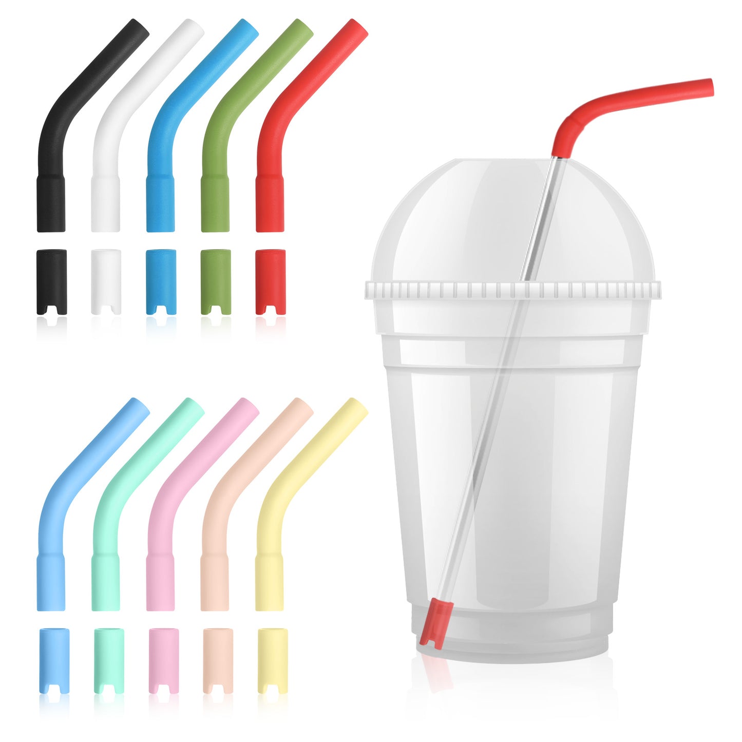 20 PCS Silicone Straw Tips with Bottom Sleeve, Reusable Food Grade Rubber Straw Covers for Metal and Glass Straws, Fits 8-10mm Diameter Multi-Color Set