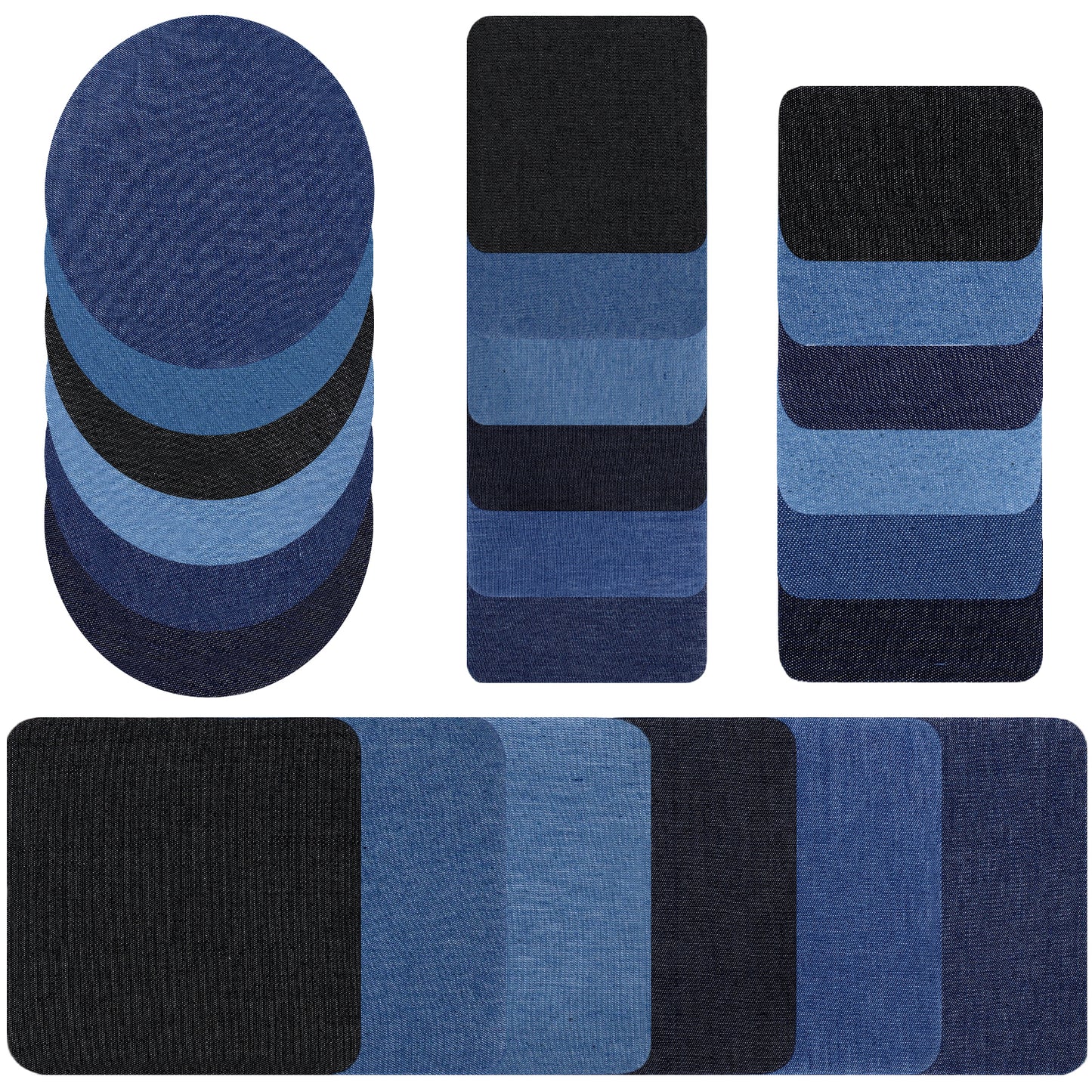 24 PCS Iron on Patches for Clothing, Denim Iron-on Patches for Jeans Inside and Outside, Jean Patch for Ripped Jeans Repair Kit, 4 Shapes, 3 Colors