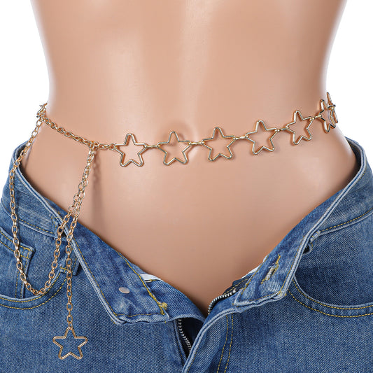 Women Star Waist Chain Gold Chain Belt for Women - Adjustable Gold Star Waist Chains Jewelry Metal Belly Chains Belt Adjustable Plus Size Body Cute Decorative Accessories for Dress Vintage