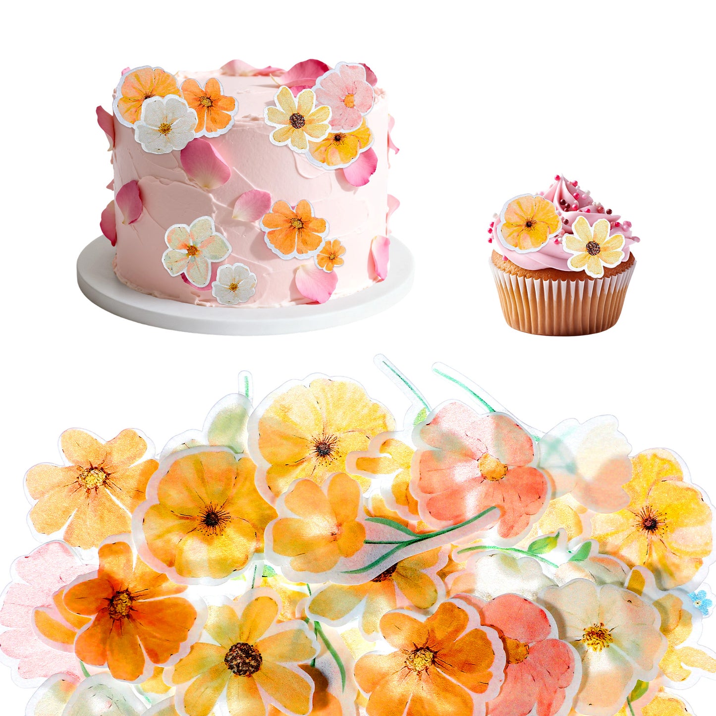 Matwsec 44PCS Edible Flowers Cake Decorations Edible Flowers for Cakes Flower Cupcake Toppers for Wedding Birthday Themed Party Cake Bridal Shower Decoration