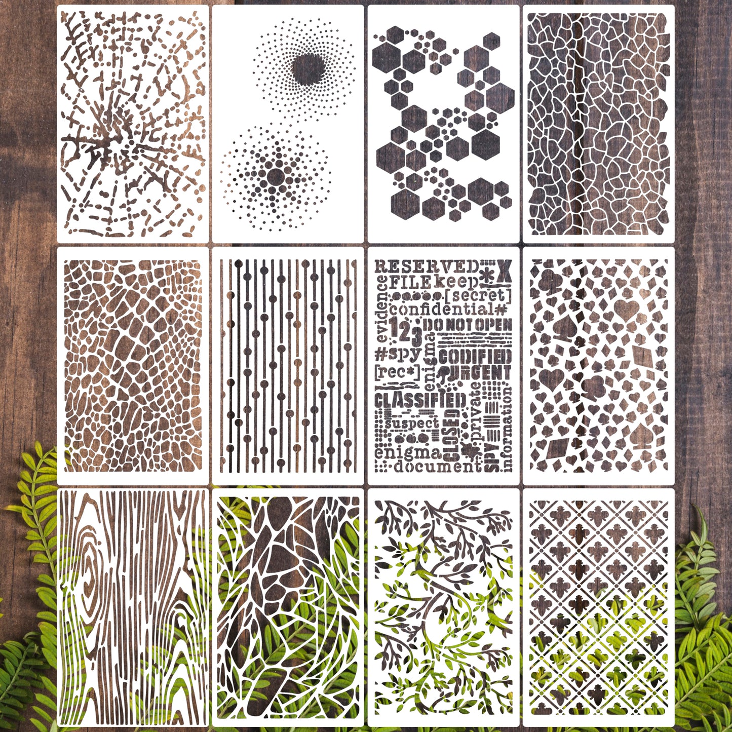 Ymapinc 12 Pcs Texture Stencils for Crafts 7.9x5.1 Background Stencils Camouflage Stencil Layering Templates for Painting on Wood Card Canvas Furniture Paper DIY Scrapbook