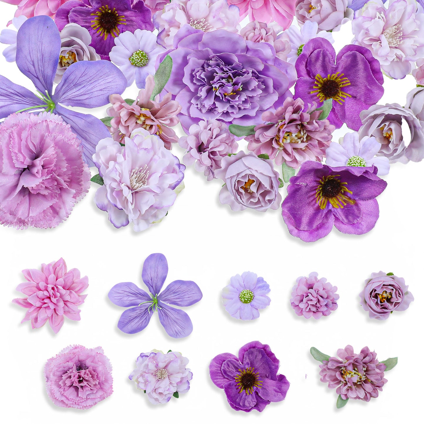 Sorcristy 50 Pack Purple Series Faux Flower Heads, Small Silk Rose and Peony for DIY Crafts, Mini Artificial Flowers for Cake Decor, Floral Arrangements and Wedding Party