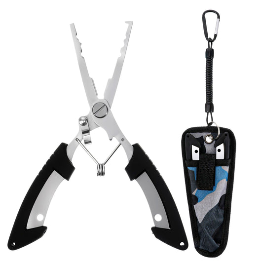 Xindojuz 1 PCS Fishing Pliers Saltwater, Fishing Scissors Line Cutter, Split Ring Pliers Hook Remover with Safety Lock, Stainless Steel Fishings Tools with Sheath, Fishings Gear Gifts for Men