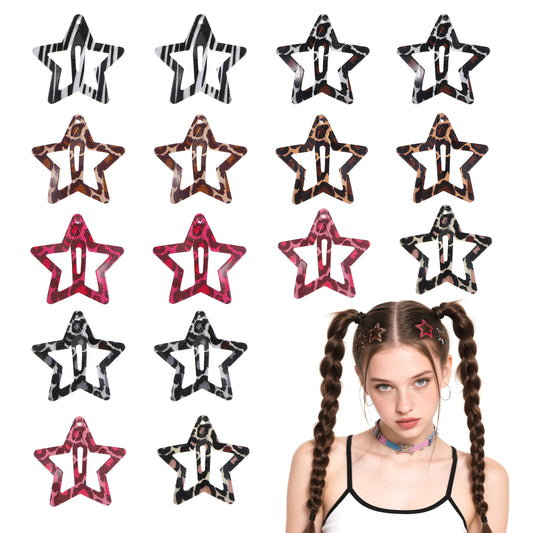 16 Pcs Star Hair Clips Snap Hair Barrettes,Y2k Hair Accessories,Star & Water Drop Hairs Barrettes, Non-Slip Leopardstar Clips For Thin Thick Hairs,Cute Metal Snap Clip For Women