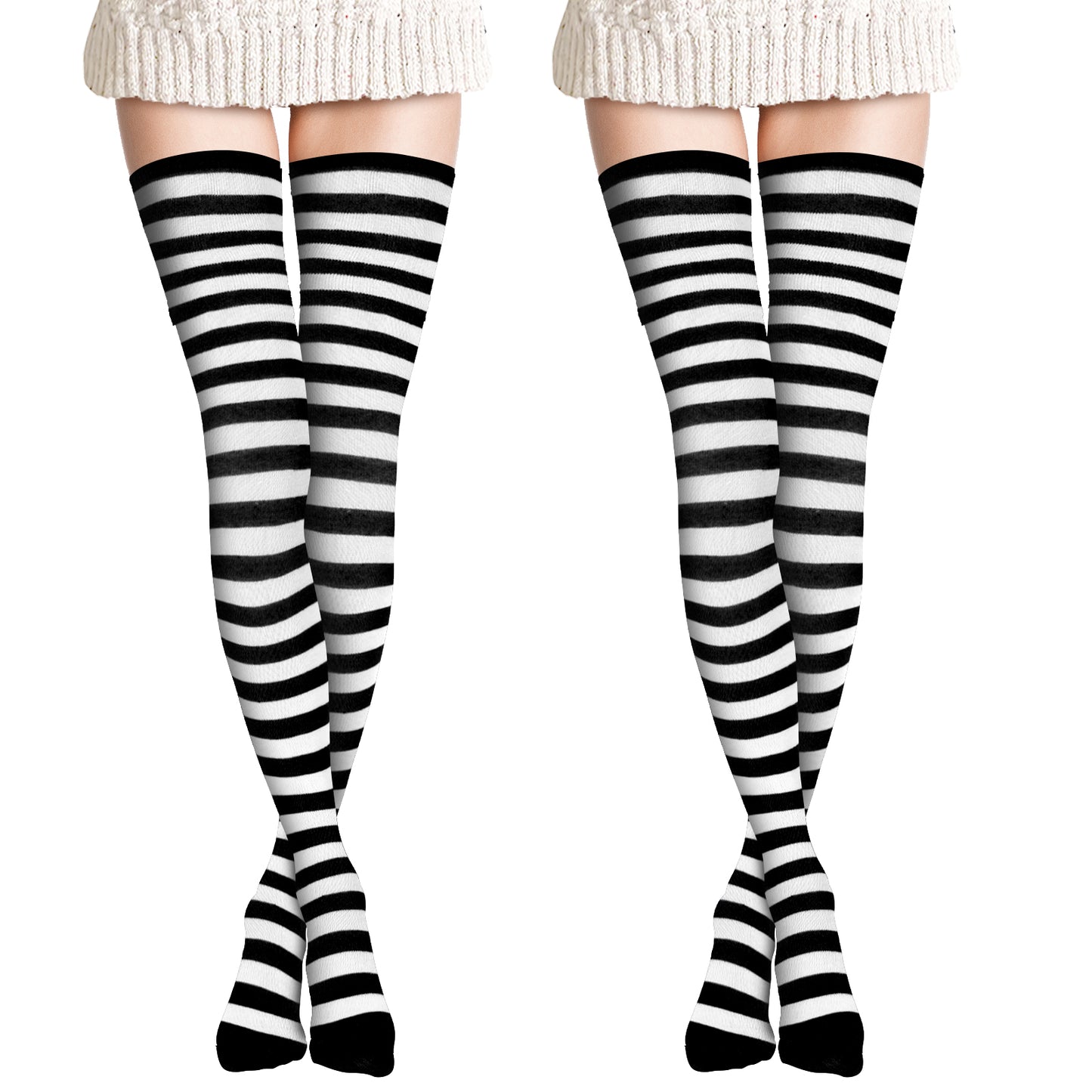 Ouligay 2 Pair Black and White Striped Knee High Socks for Women, Christmas Striped Thigh High Socks, Holiday Long Striped Socks Knee High Stripe Socks for Women Costume Party