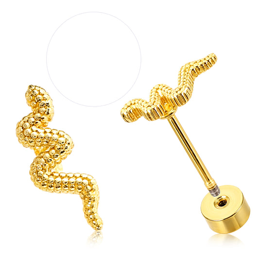 Ymapinc 1Pairs Snake Gold Flat Back Stud Earrings for Women - Gold Flatback Snake Jewelry, Flat Back Industrial Piercing Helix Studs