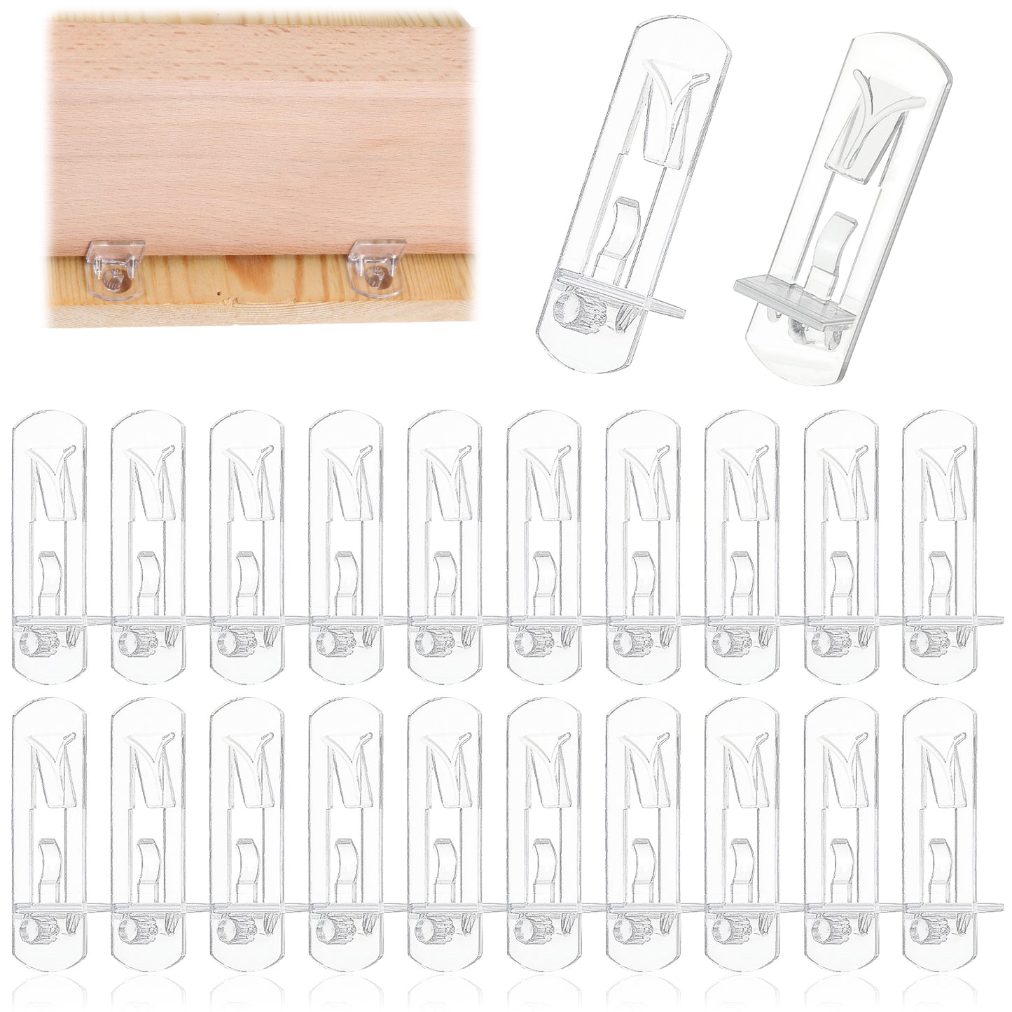 Nogeqi 20 Pcs Transparent Plastic Shelf Clips,Rectangle Locking Shelf Support Pegs,Self Locking Shelf Pegs for Shelves,2.24 Inch Cabinet Shelf Clips for Wardrobe Kitchen Cabinet Furniture Bookshelf