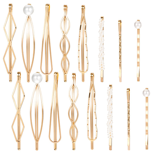 16PCS Gold Hair Pins Geometric Decorative Hair Clips, Elegant Hair Barrettes Bridal Pearls Bobby Pins Metal Dainty Embellished Golden Hair Styling Jewelry Hair Clamps Accessories for Woman and Girls