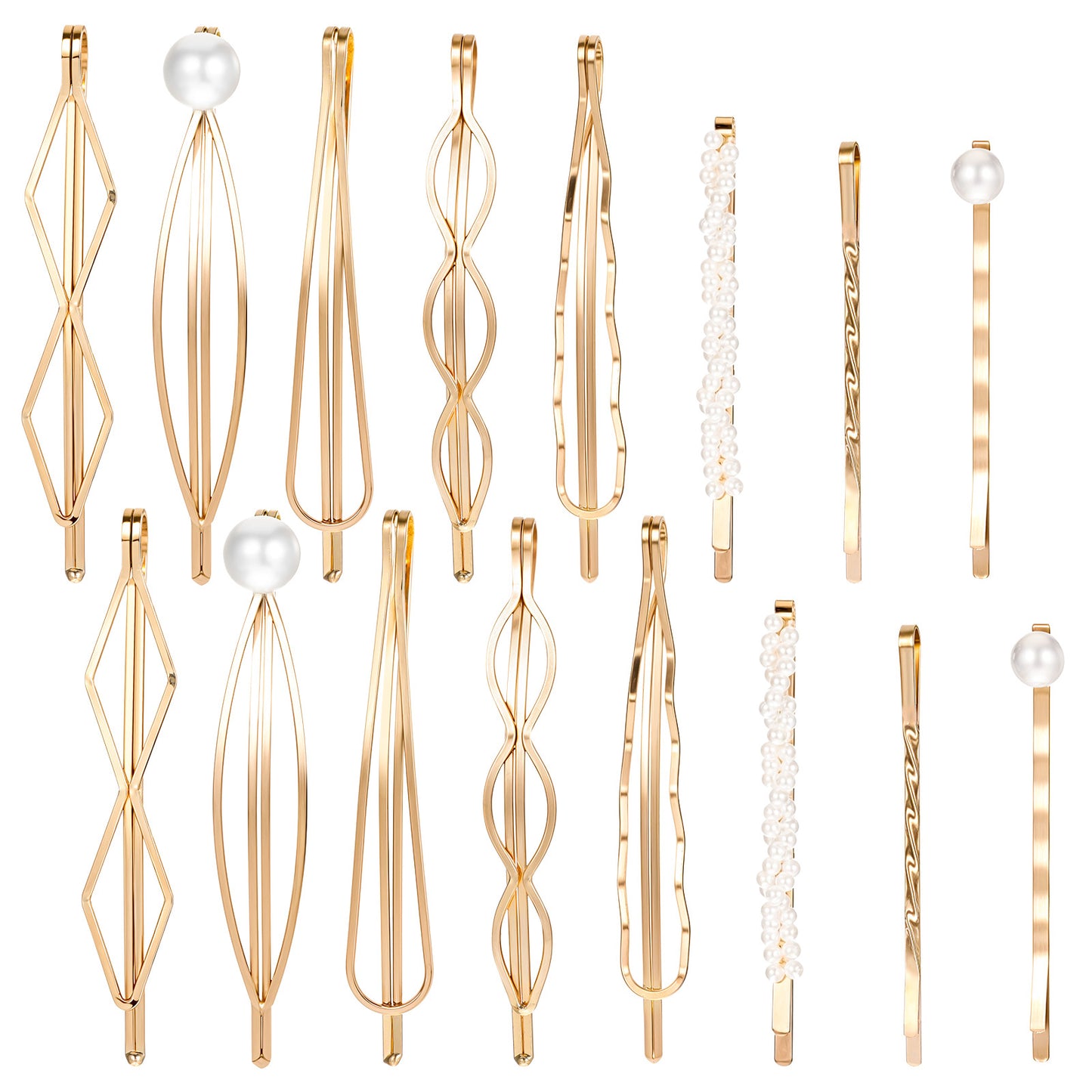16PCS Bobby Pins Pearl Gold Geometric Decorative Hair Clips, Elegant Hair Barrettes Bridal Hair Pins Metal Dainty Embellished Golden Hair Styling Jewelry Hair Clamps Accessories for Woman and Girls