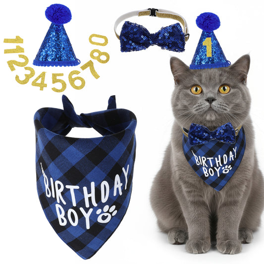 Xindojuz Cat Birthday Hat Decoration & Outfit Set, Adjustable Cats Birthday Hat with Number Bandana Bow Scarf Tie Collar for Dog Pet Kittens Apparel Christmas Party Outfits Supplies (Blue)