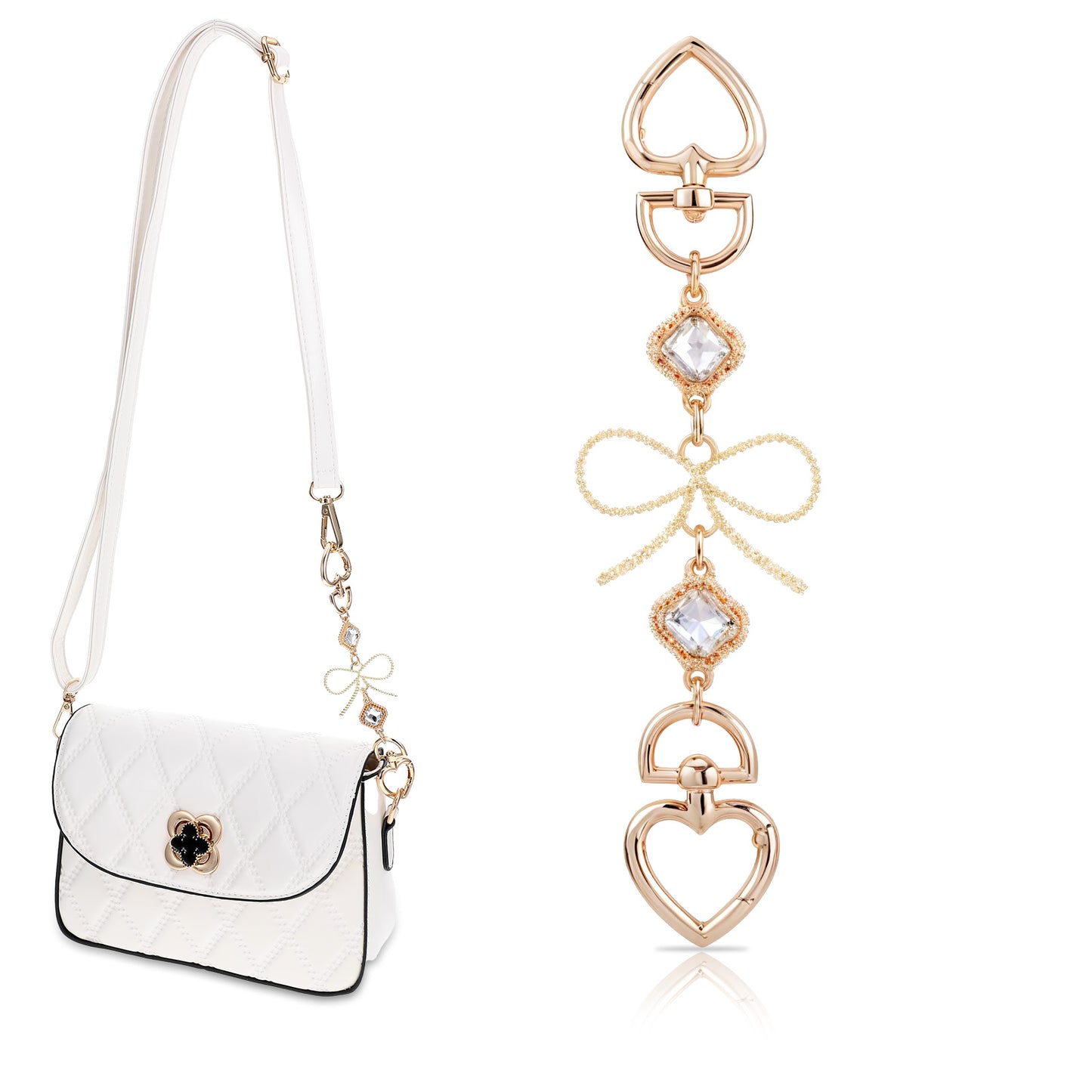 Tyqour Gold Purse Extender Chain, Purse Strap Extender, Bag Extender Chain, Bag Charm Chain with White Gem Bow, 17cm/6.69in, Zinc Alloy & Rhinestone, Gold