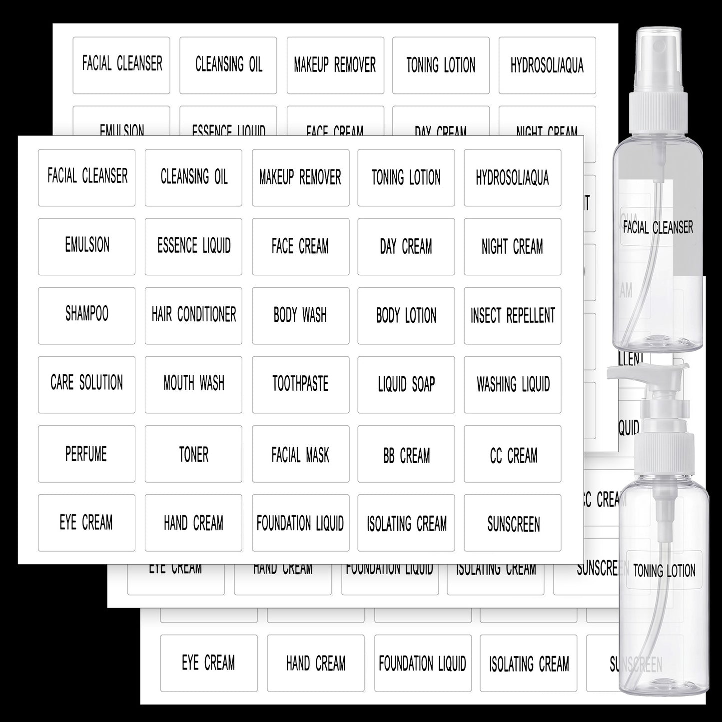 Rahhlizs 120 Pcs Waterproof Labels for Bottles, Clear Labels Refillable Bathroom Label organizing for Travel Size Bottles, Cream, Body Wash, Shampoo, Container
