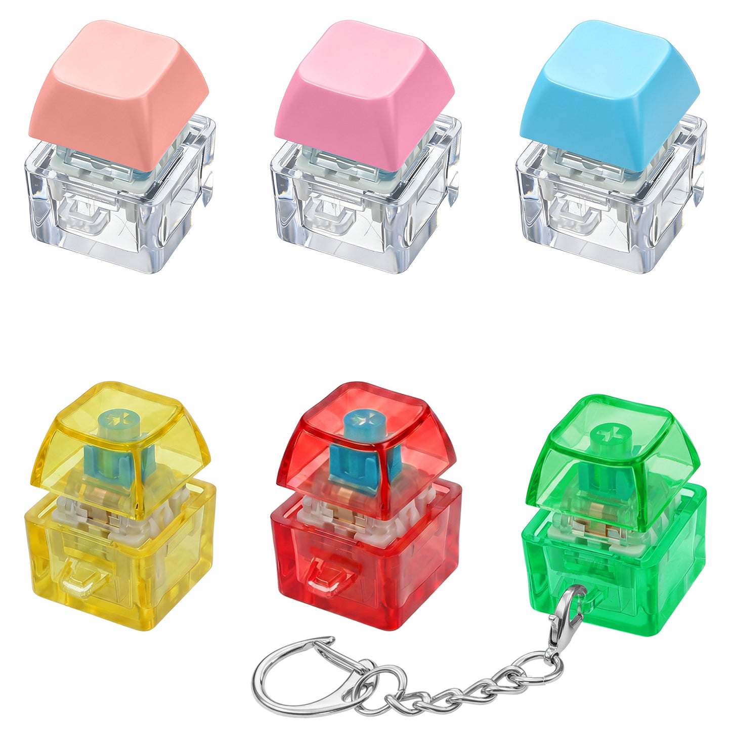 RAHHLIZS 6 Pack Keyboard Fidget Keychain, Silent LED-Free Fidget Clicker, Clickers Fidget Stress Relief Toy ,Silent Single-Key Decompression Toy in Transparent & Macaron Colors for Teen & Adults