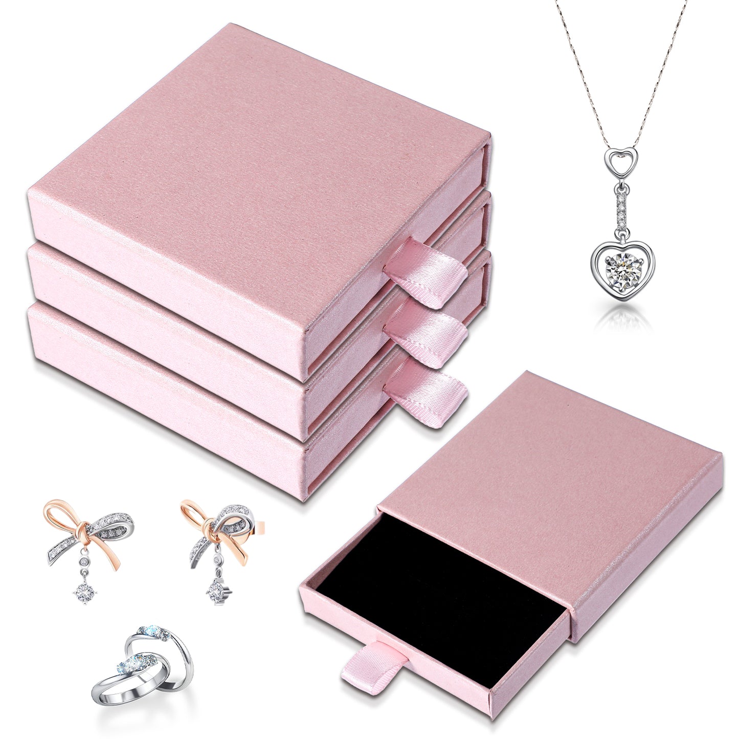 Bremorou Square Jewelry Gift Boxes 4 Pack Black Jewelry Box For Women Cardboard Box With Lids Small For Rings Necklaces Bracelets Earrings Display (Pink)