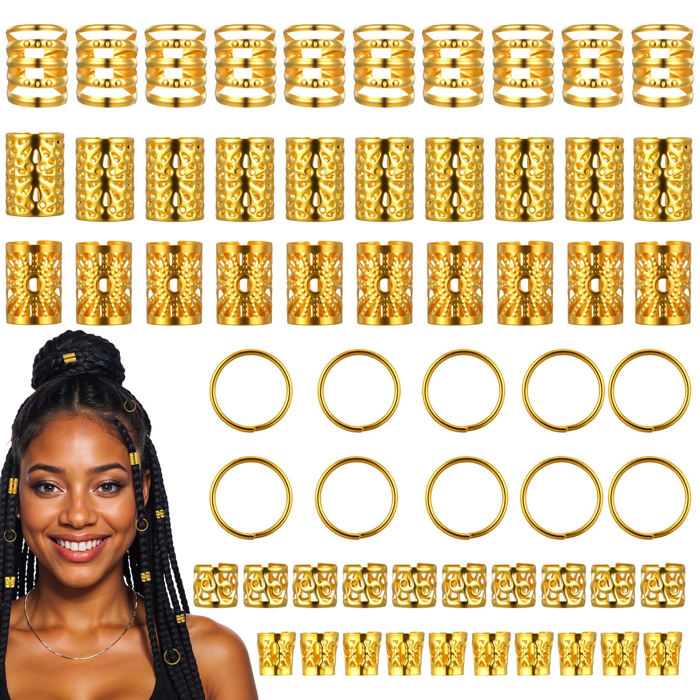 Ouligay 60pcs Gold Hair Jewellery Gold Hair Cuffs Charms Rings for Braids