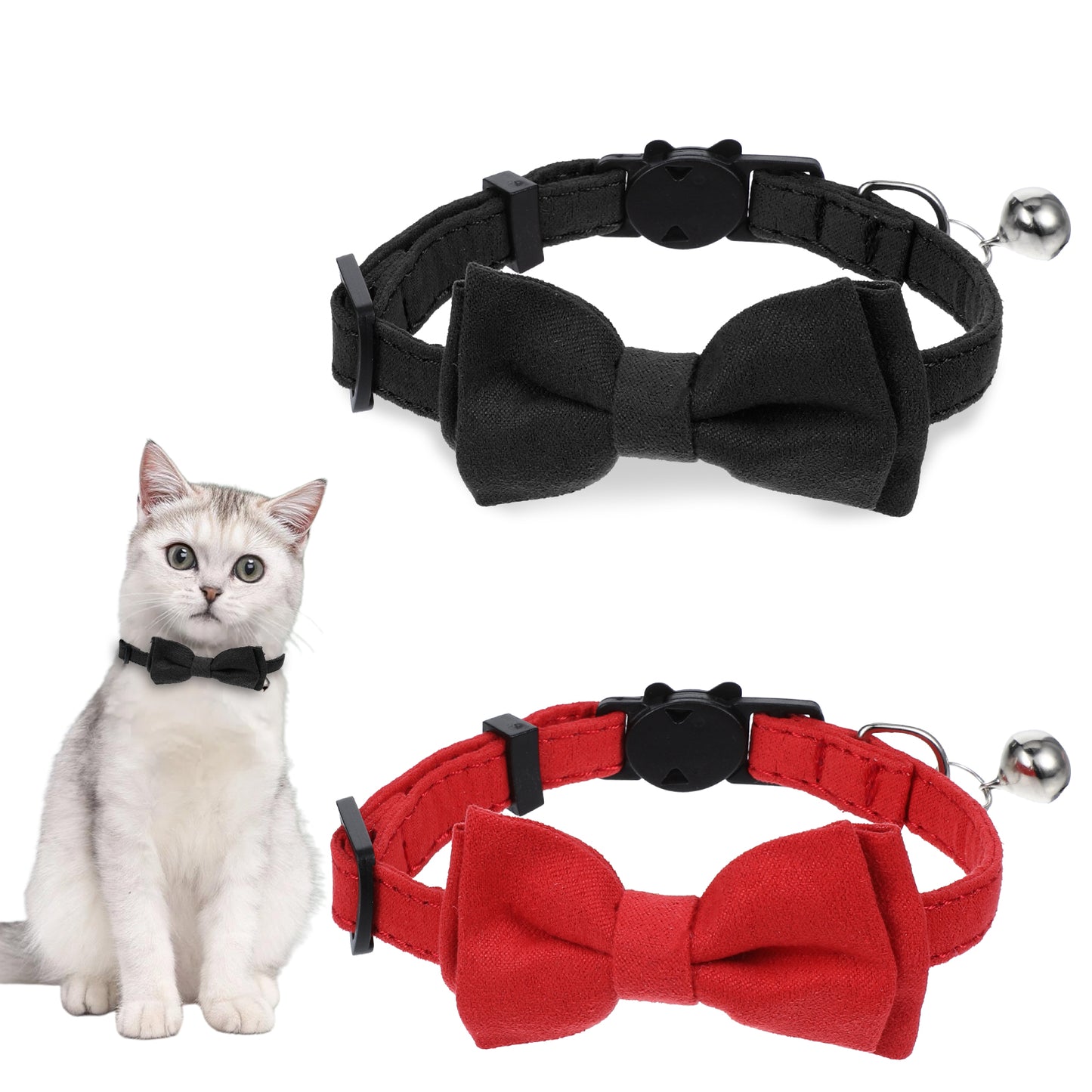2pcs Kitten Collar With Bell,Velvet Cat Collar With Bell And Bowtie,Small Pet Safety Solid Wedding Basic Pure Color Suede Soft Adjustable 7-13 Inches For Girl And Boy Cats,Red,Black