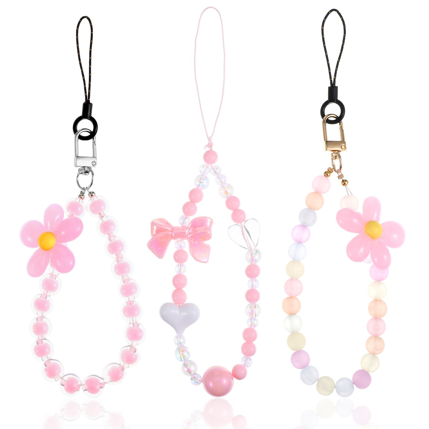 3 PCS Pink Bow Cute Beaded Phone Charm Strap, Aesthetic Y2K Cellphone Keychain Butterfly Flower Mobile Phone Wrist Strap Chain String for Women Bracelet Bag Keychain Camera Decor Anti-Lost Lanyard