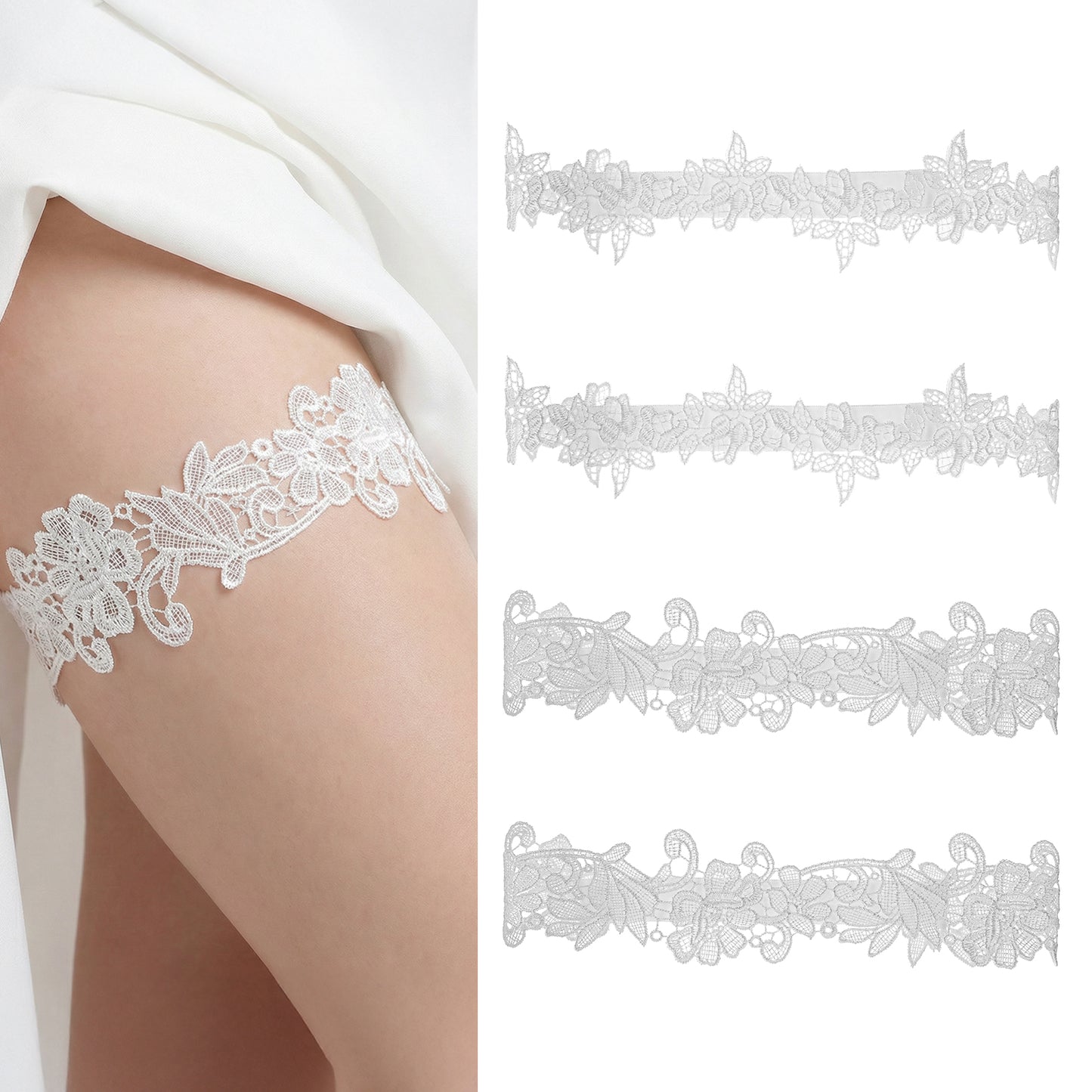 Wedding Garters for Bride 4 Piece Garter Bridal Accessories Polyester Floral Garter Bridal Accessories for Women (White)