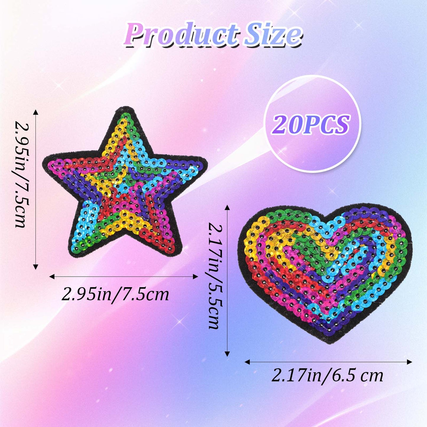 20 PCS Sequin Iron On Patches, Star & Heart Patches for Clothes, DIY Glitter Applique for Hats, Jeans, Dresses, and More