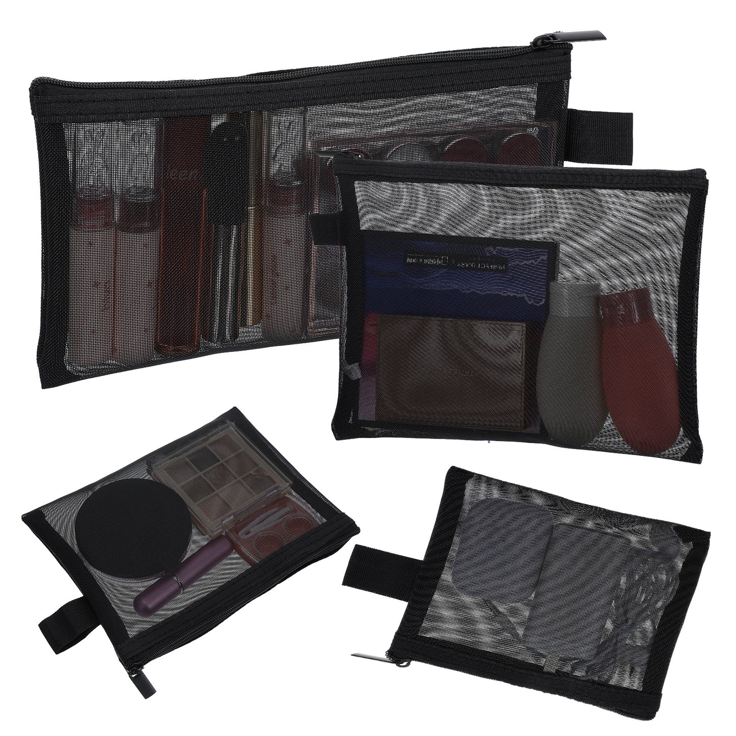 4 PCS Nylon Mesh Zipper Cosmetic Bags Mesh Make up Bag Set Travel Bags for Toiletries Nylon Transparent Cosmetic Bag Transparent Pencil Case Zip Multi Size for Home Office (Black)