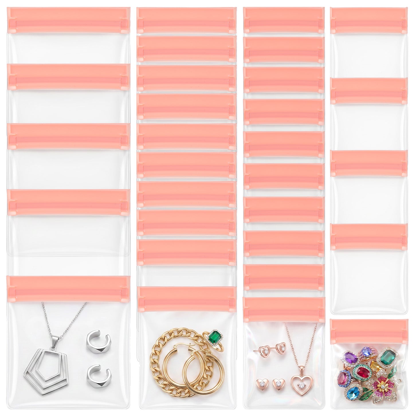 Sorcristy 30 PCS Anti Tarnish Jewelry Bags for Travel and Storage, Small Clear EVA Pouches Jelly Bag for Ring Earing Chain Bracelet, Transparent Pill Pouch Set (Pink, 4 Sizes)