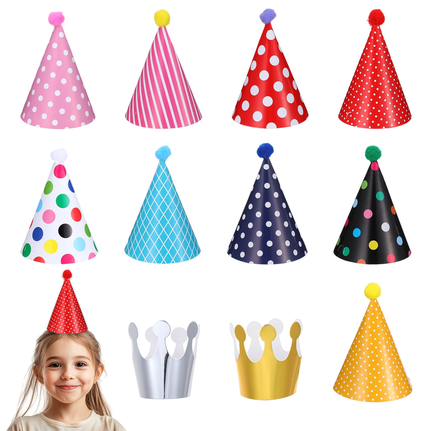 Ymapinc 11 Pcs Birthday Party Hat,Party Hat Set Includes 2 Paper Crowns Colorful Mini Birthday Hats and 9 Adorable Hats with PomPoms