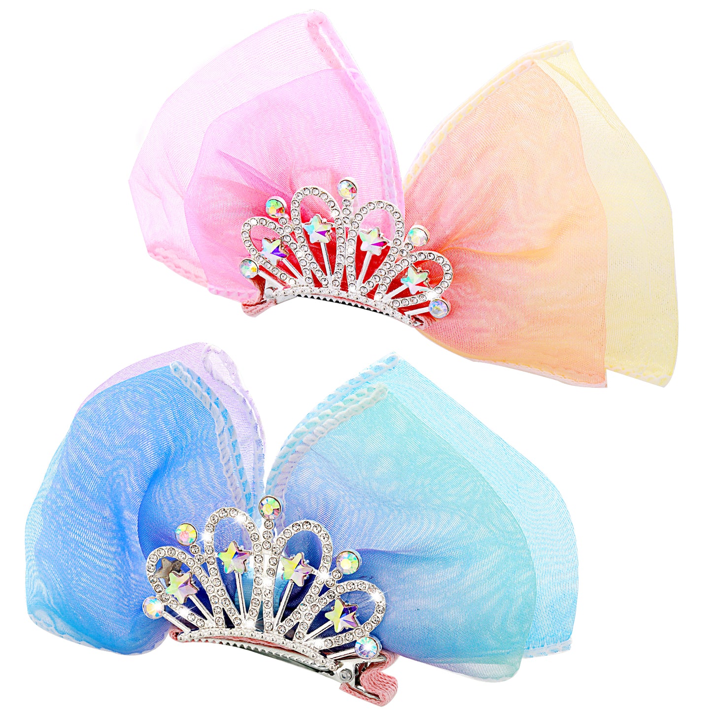 2PCS Crown Hair Bow, Diamond Crown Hair Clips Princess Headband Metal Snap Hair Accessories, Grosgrain Ribbon Bows Sparkly Hair Styling Accessories for Girls & Kids Halloween Birthday Christmas Gift