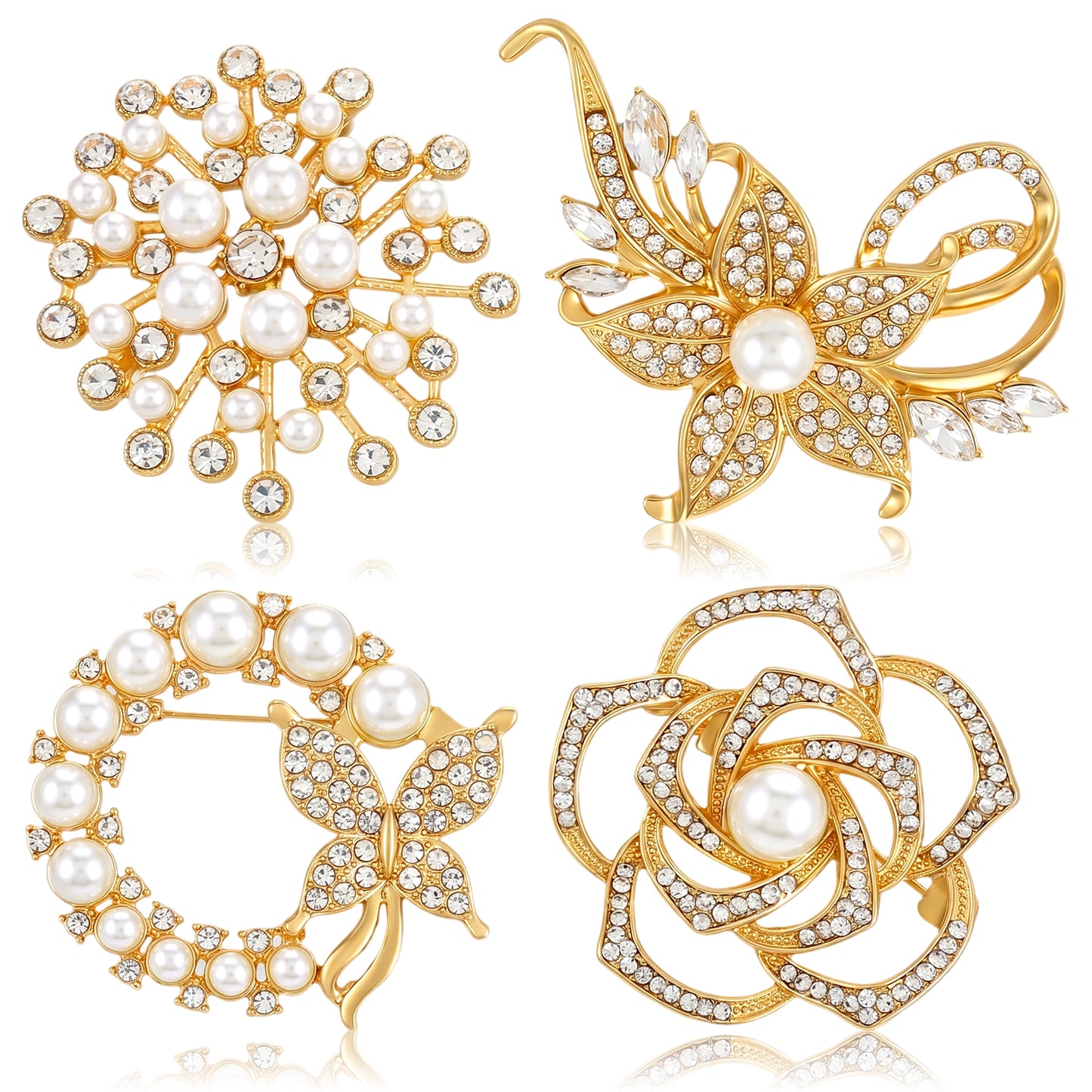Matwsec 4PCS Pearl Brooch Crystal Gold Brooches and Pins for Women