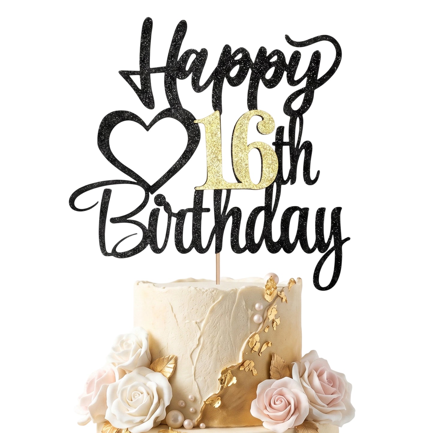 1Pcs Sweet 16 Cake Topper Happy 16th Birthday Cake Topper Black Glitter 16 Birthday Decorations 16th Birthday Decor Anniversary Party Decoration Supplies