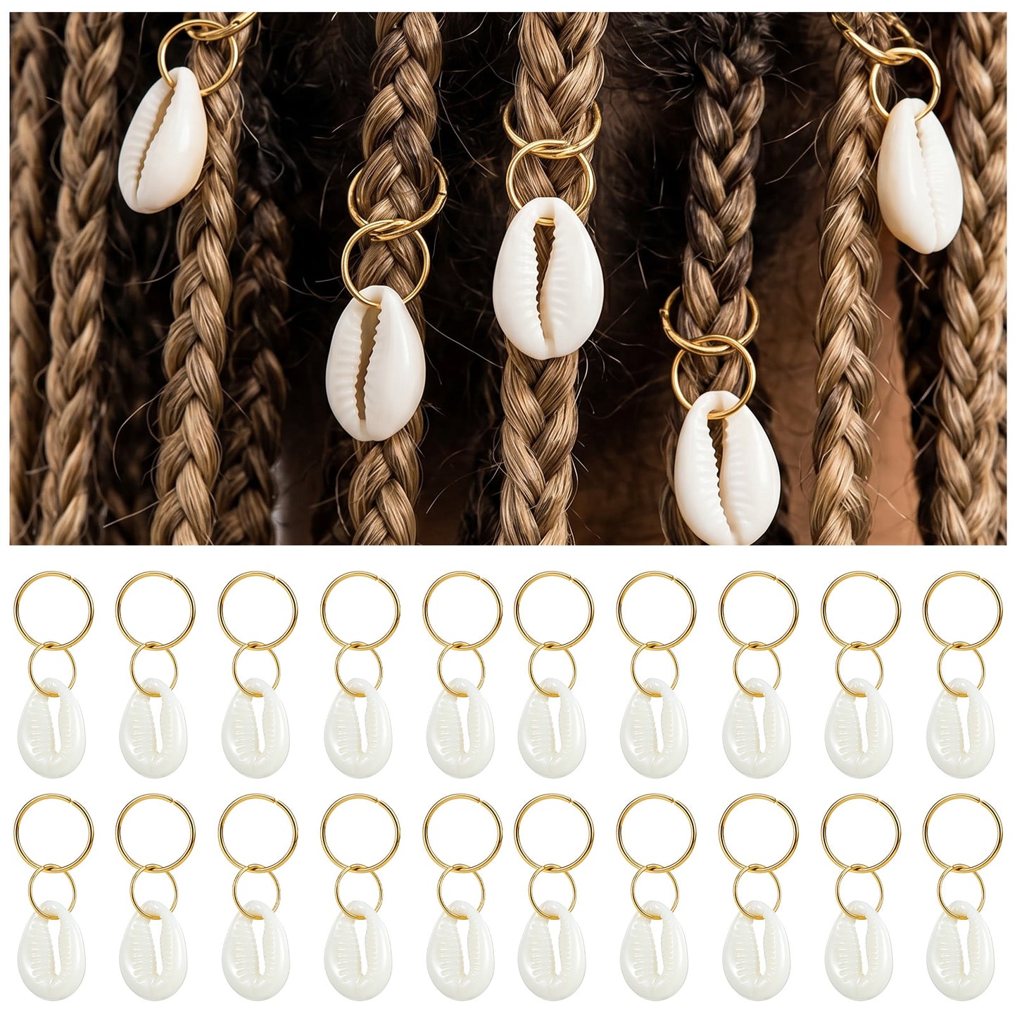 20Pcs Hair Shells Seashell Hair Clips Beach Hairs Accessories Seashell Charms Shell Braid Accessories for Women DIY Sea Shell Gold Hairs Rings