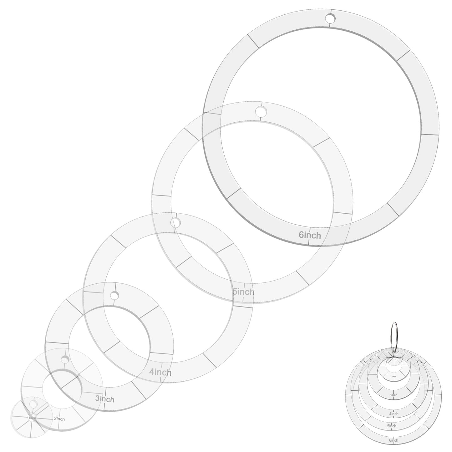 Shimmeroo 6Pcs Acrylic Circle Quilting Template, 1/2/3/4/5/6 inch Quilting Templates with Binder Hinged Rings Round Drafting Stencils for Patchwork DIY Crafts Decoration Scrapbooking