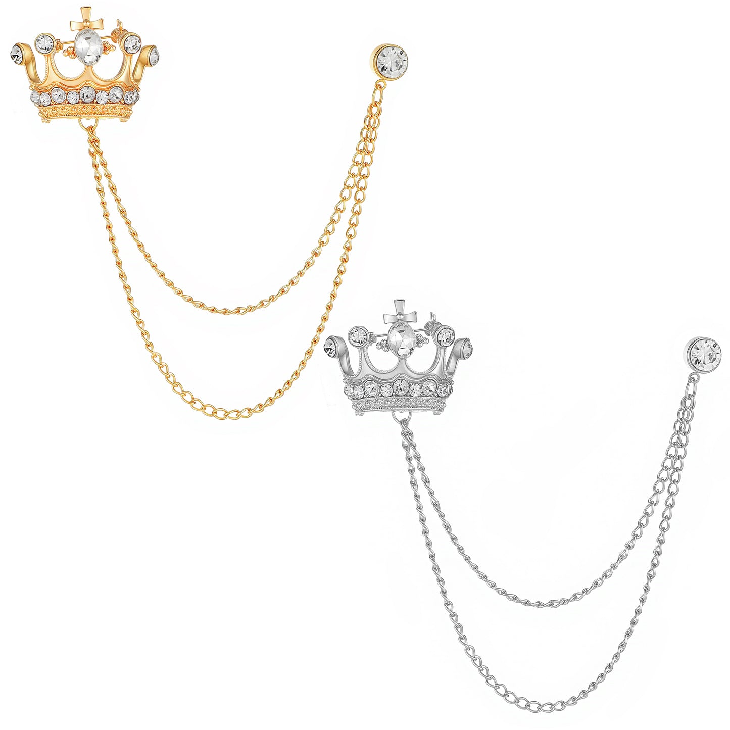 Shimmeroo Crown Shaped with Hanging Chain Brooch for Men - 2PCS Suit Accessories, Suit Pins for Men with Lapel Chain, Tie Pins for Prom Party Wedding