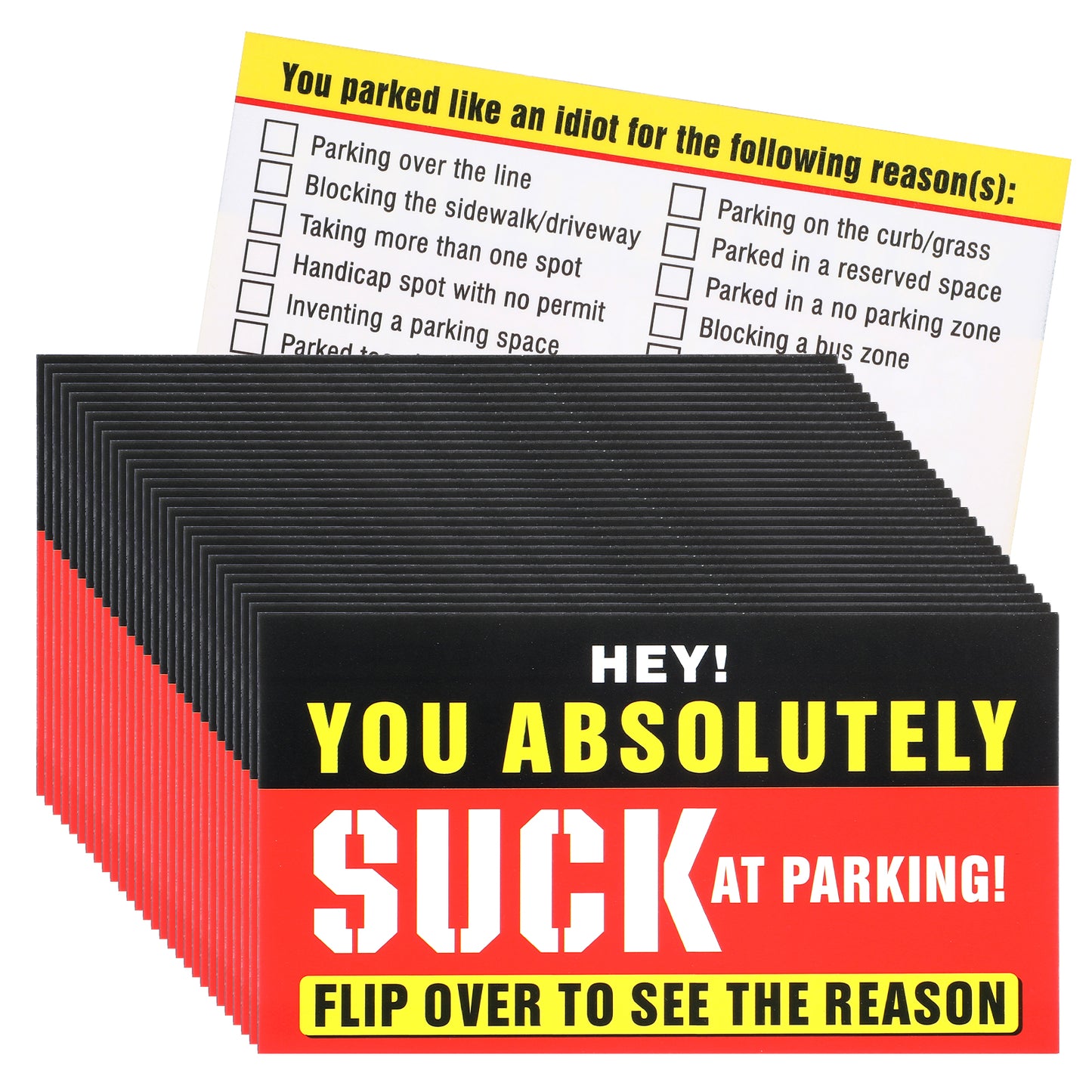 Nogeqi 100 Pcs Bad Parking Cards, Parking Violation Stickers, Funny Car Violation Tickets with Multi Reasons,Red(3.54x1.97in)