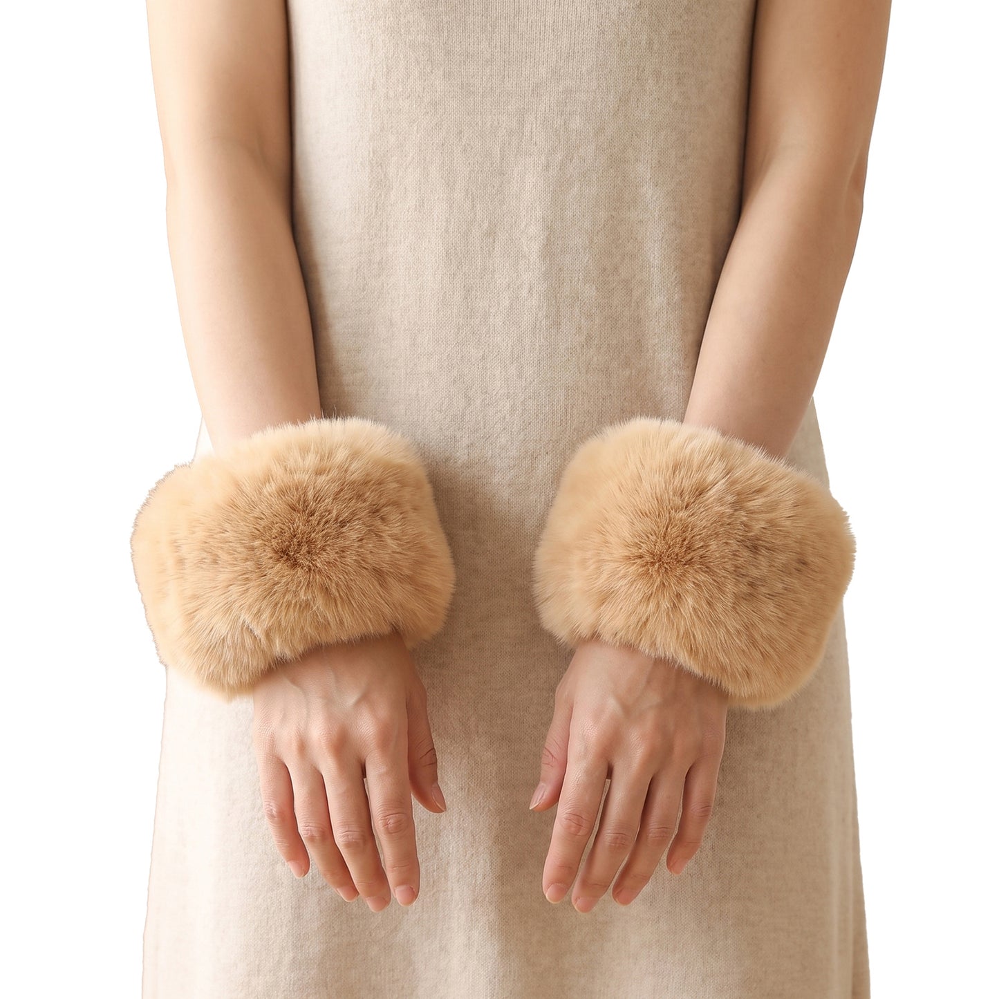 Chsoejuf Faux Fur Wrist Cuffs Short Soft Furry Hand Arm Warmers(Light Tan)
