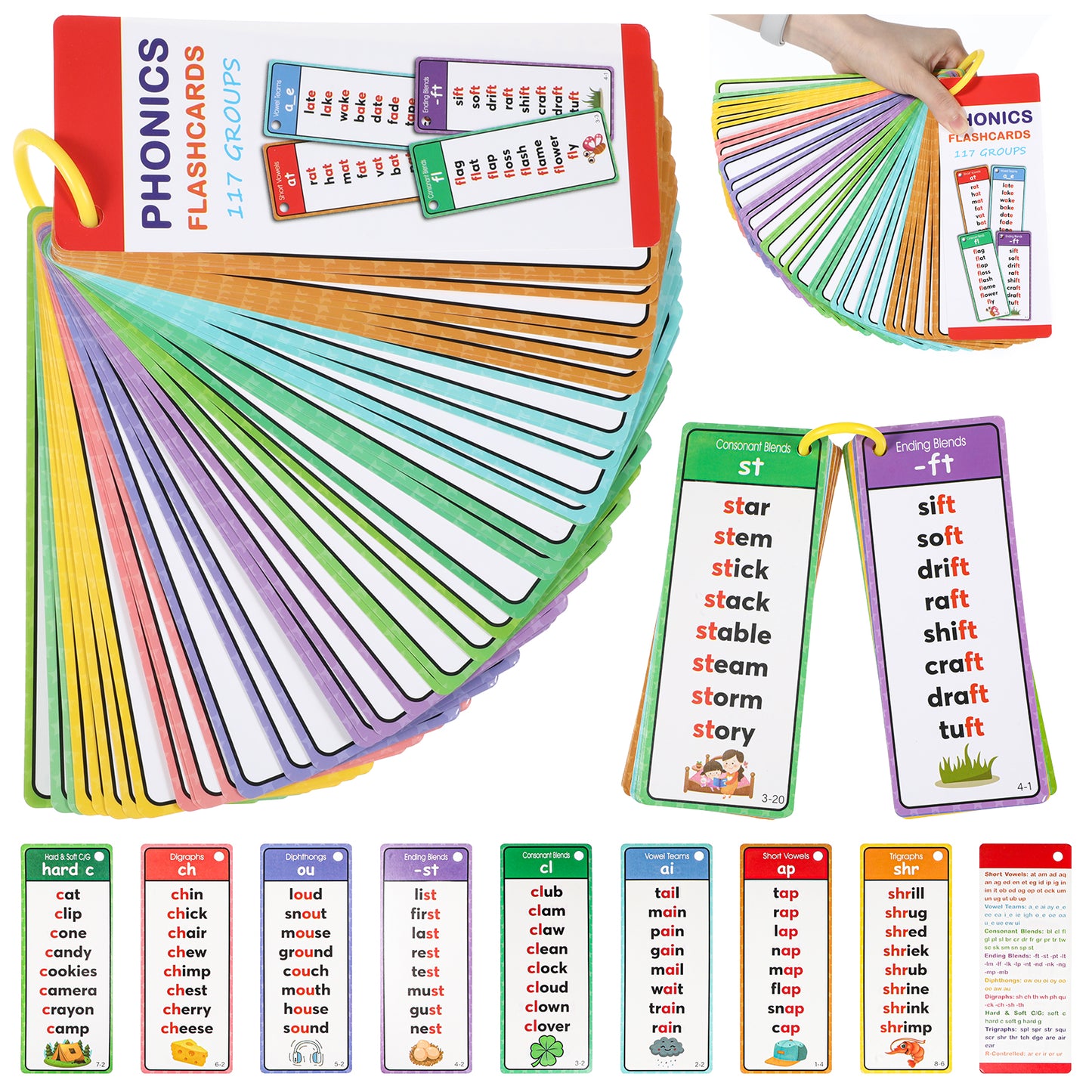 Mabor Phonics Cards - 60 Pcs Colorful Learn to Read Flash Cards, Sight Word Spelling Game Set, Kindergarten Homeschool Educational Reading Activity Toddler Educational