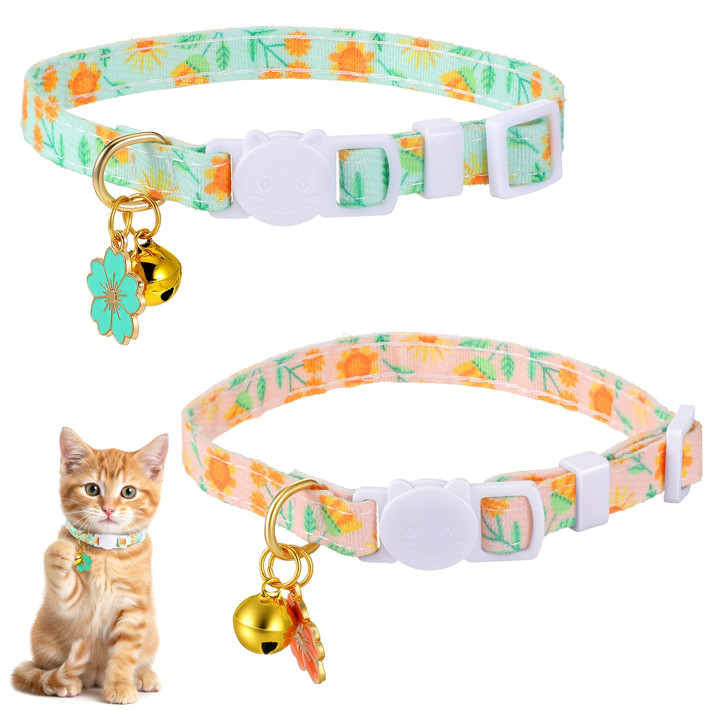 2 PCS Flower Cat Collar Breakaway Kitten Collar Flowers Pendant Cute Kitten Cat Collars with Bell Cute Summer Pretty Flower Collars for Cats Pet Supplies Stuff Accessories Gifts (Pink Green)