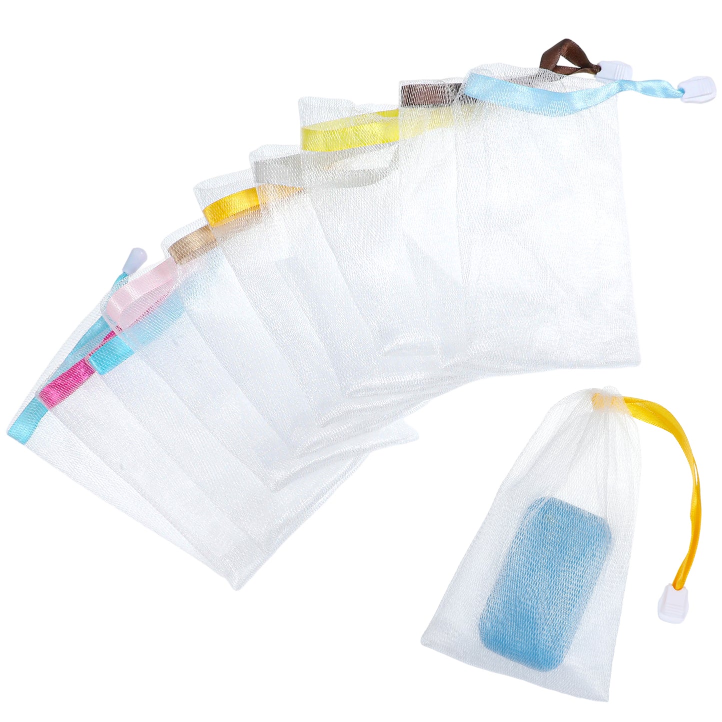 Xindojuz 15 PCS Mesh Soap Bags for Shower, Exfoliating Soap Saver Pouch with Drawstring, Transparent Foam Net Bar Soaps, Soft Soap-Bags for Soap-Bars Shower Washing Body Bath Gym Travel (3 Styles)