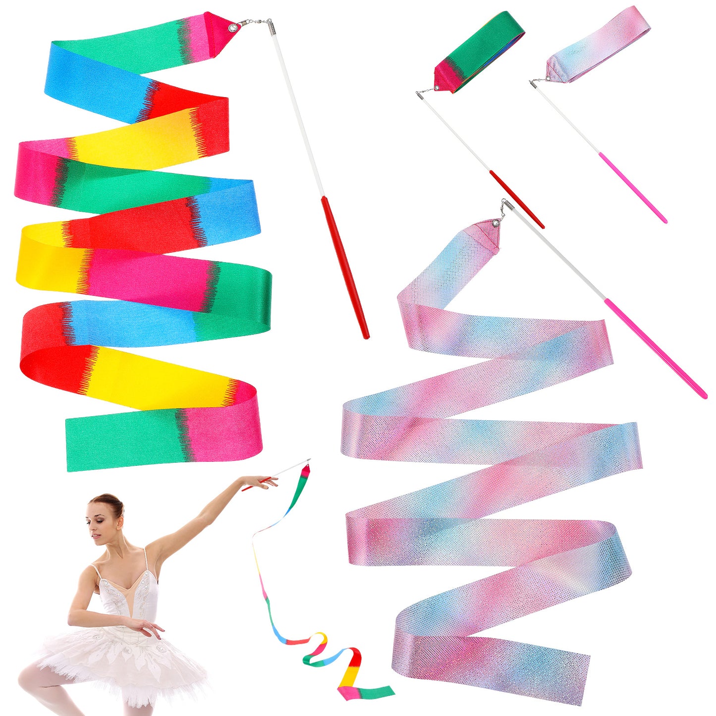 Ouligay 2PCS Ribbon Dancer Wand for Kids, 78.74in Rainbow Twirler Dance Ribbons for Kids with Red Handle, Perfect for Gymnastics, Artistic Dancing, and Party Favors
