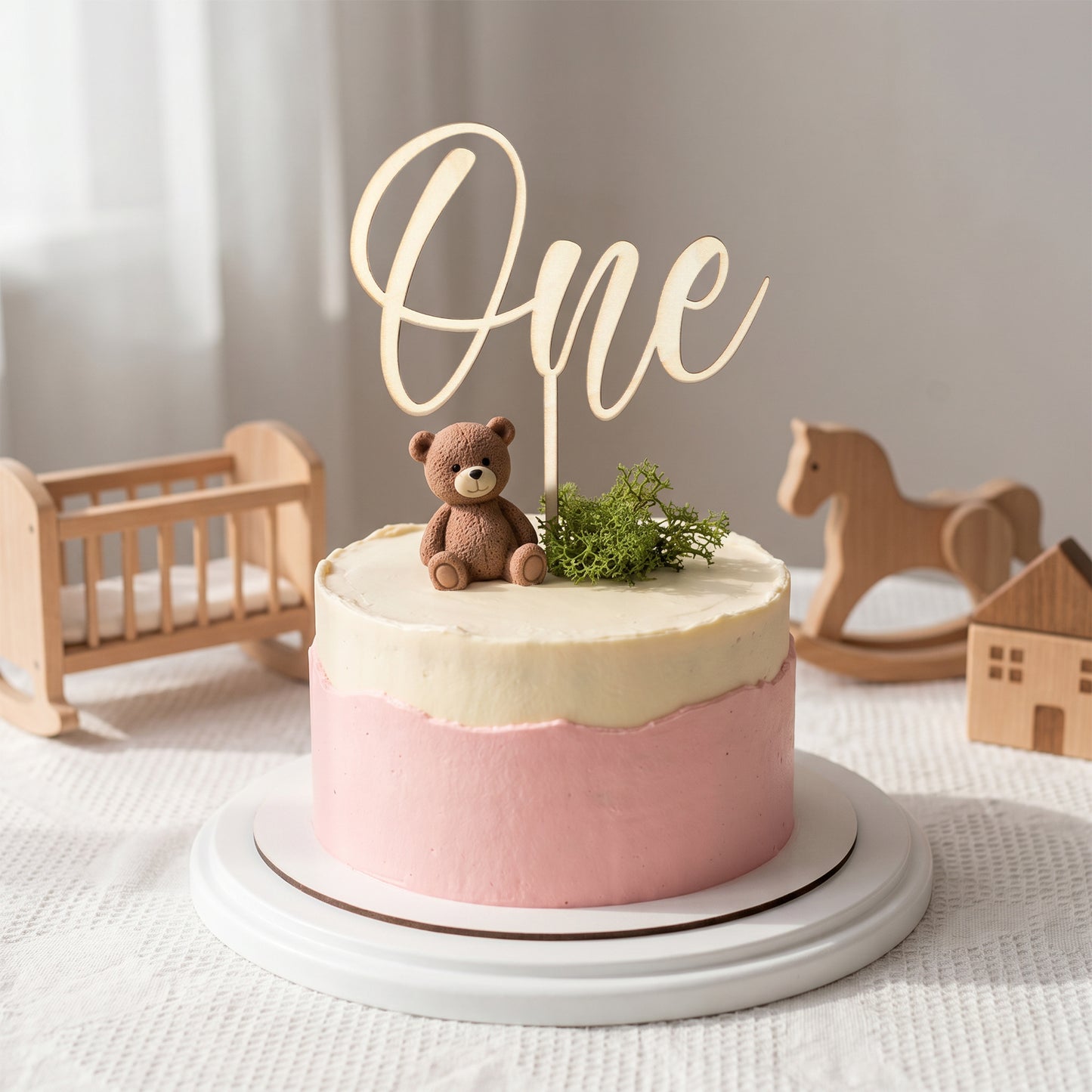 Nogeqi One Cake Topper, Wood 1st Birthday Cake Topper, Wooden First Birthday Cake Decorations for Boys Girls 1st Birthday Party Cake Decorations Suppllies