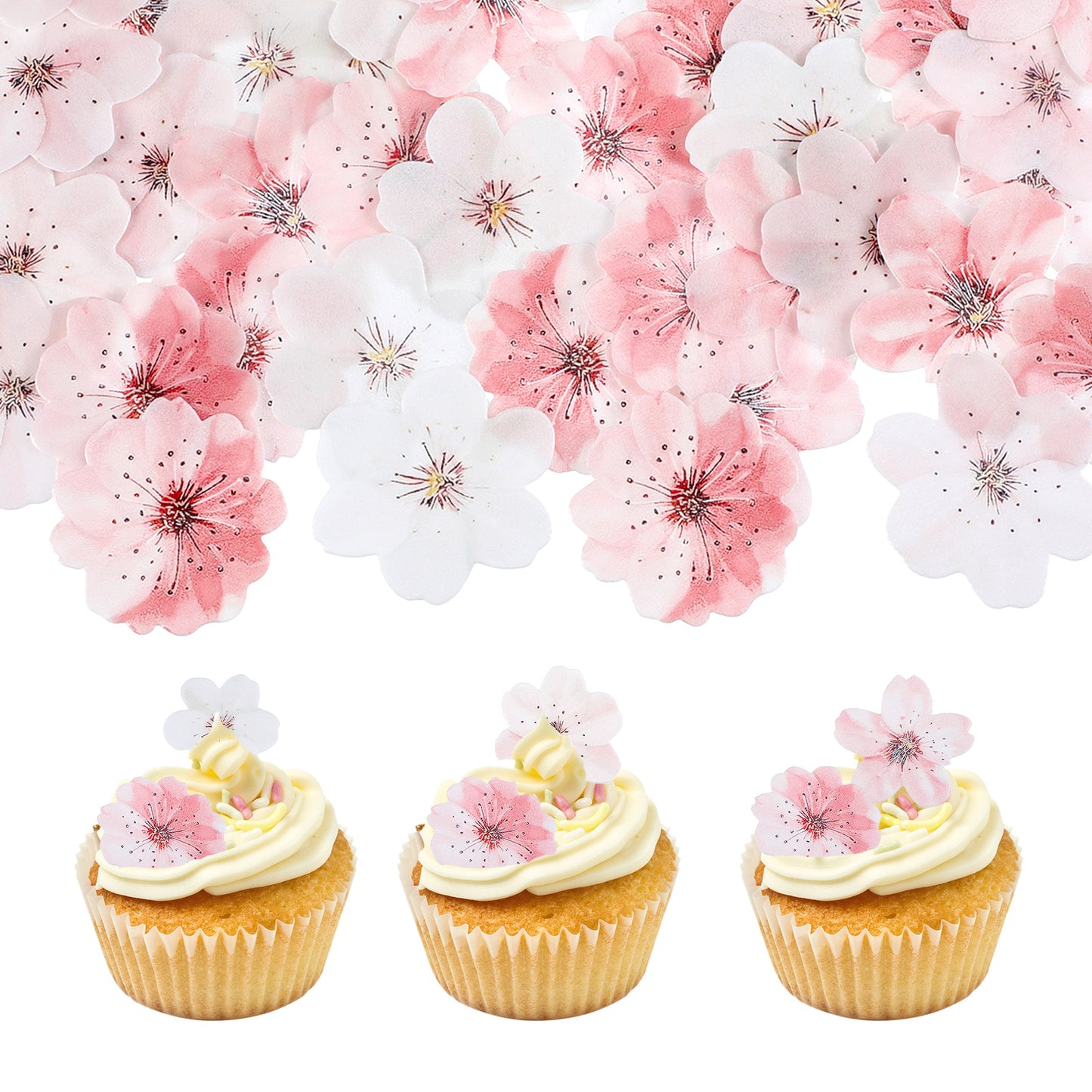 50 Pcs Cherry Blossoms Cupcake Toppers flores Para Decorar Pasteles Flowers Cake Decorations Wafer Paper Flowers Cupcake Topper for Baby Shower Kids Birthday Wedding Party Decorations Supplies Pink