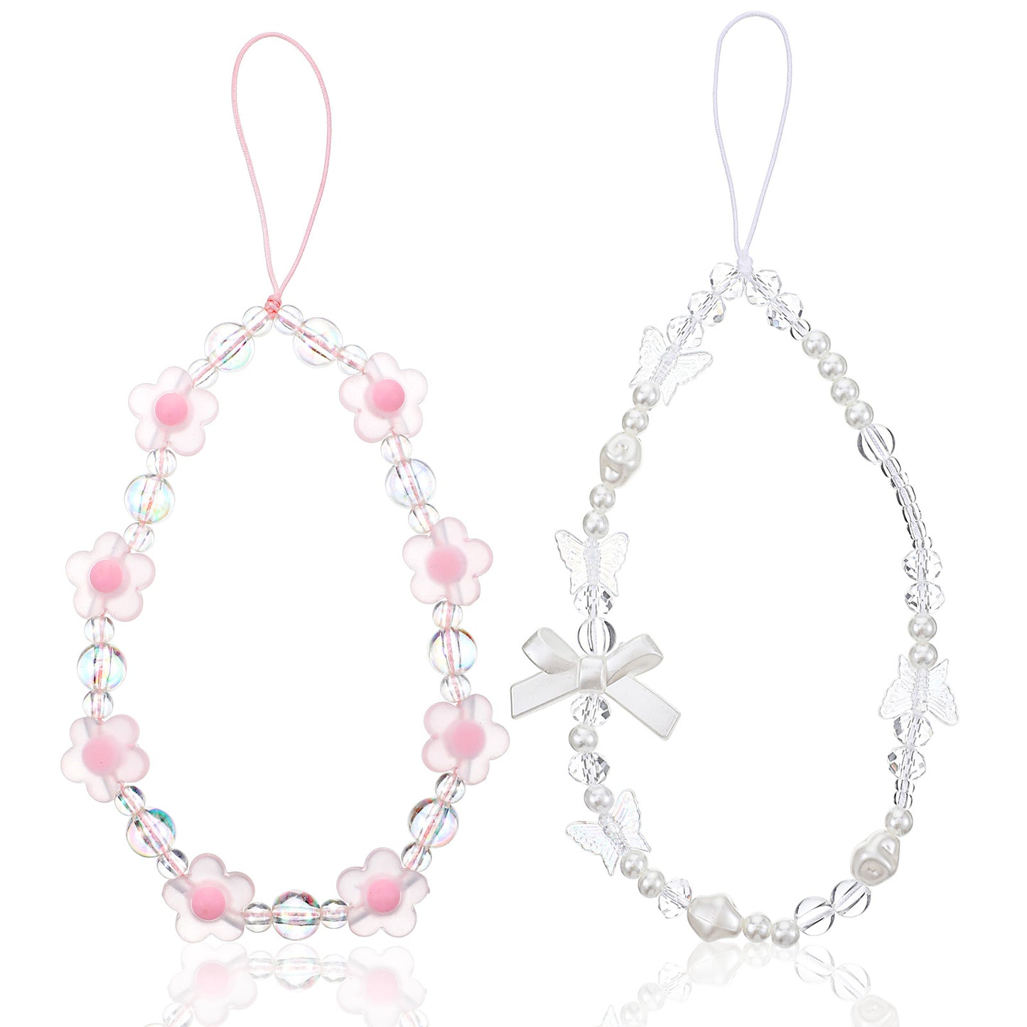 2PCS Phone Charm Universal Phone Chain White Bow Pearl Beaded Lanyard Wrist Strap Anti Charm Strap Fashion Case Keychain Cellphone Pendant